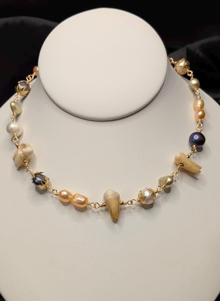 Mixed Freshwater Pearl Necklace with Three Human Teeth, 15”
