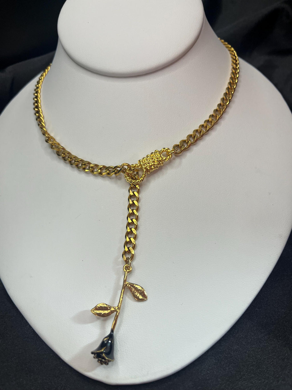 Rose Lariat Necklace | Gold Plated Cuban Chain | Rope Lariat Drop | 18”