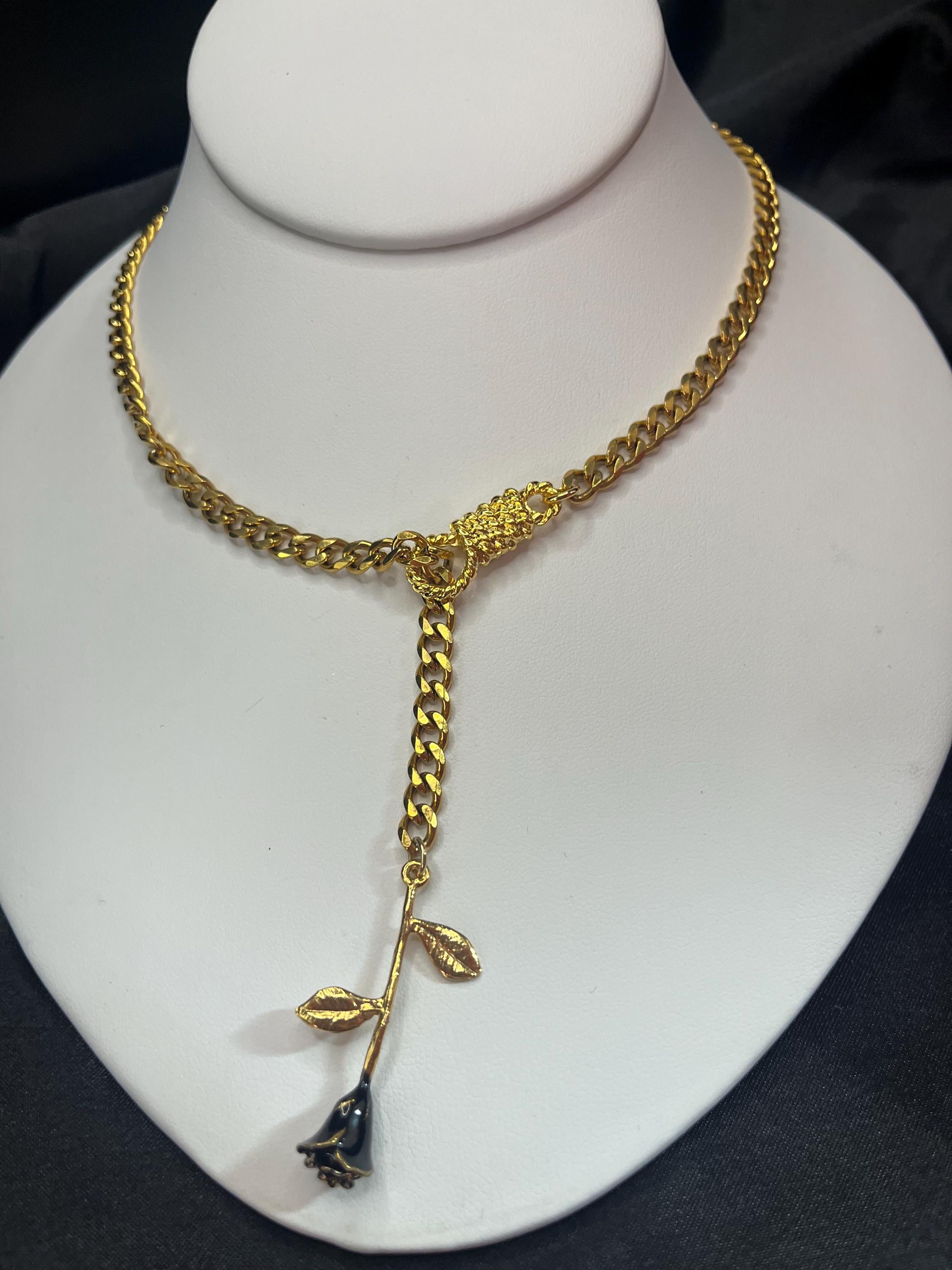 Rose Lariat Necklace | Gold Plated Cuban Chain | Rope Lariat Drop | 18”