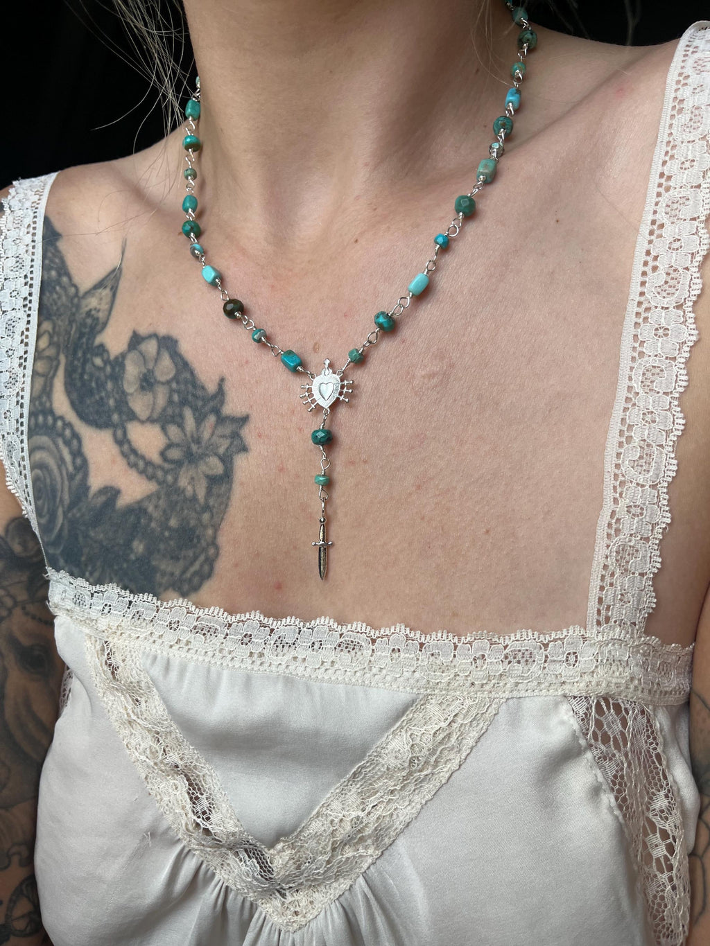 Kingman Turquoise Rosary Necklace – Sterling Silver Sacred Heart & Dagger Lariat – 18–19.5”
