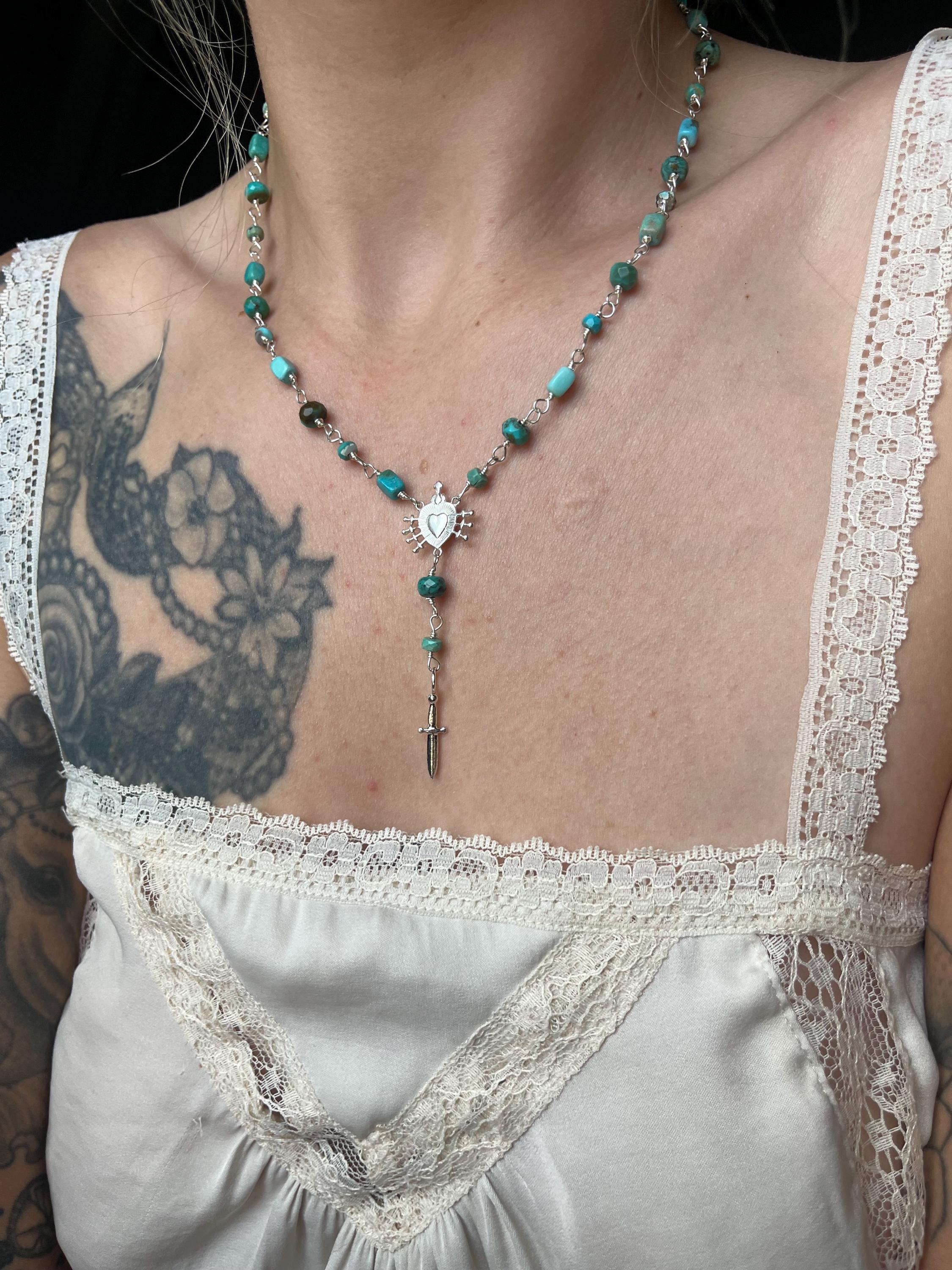 Kingman Turquoise Rosary Necklace – Sterling Silver Sacred Heart & Dagger Lariat – 18–19.5”