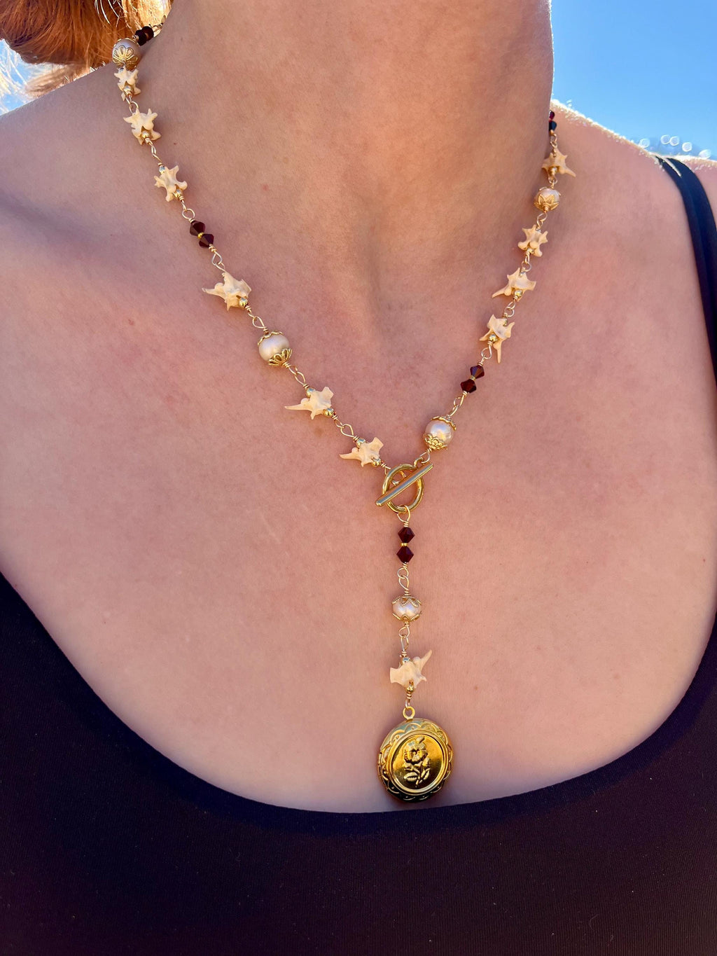 Locket Lariat Necklace | Snake Vertebrae + Garnet Crystal + Freshwater Pearl | Gold Plated | 25”