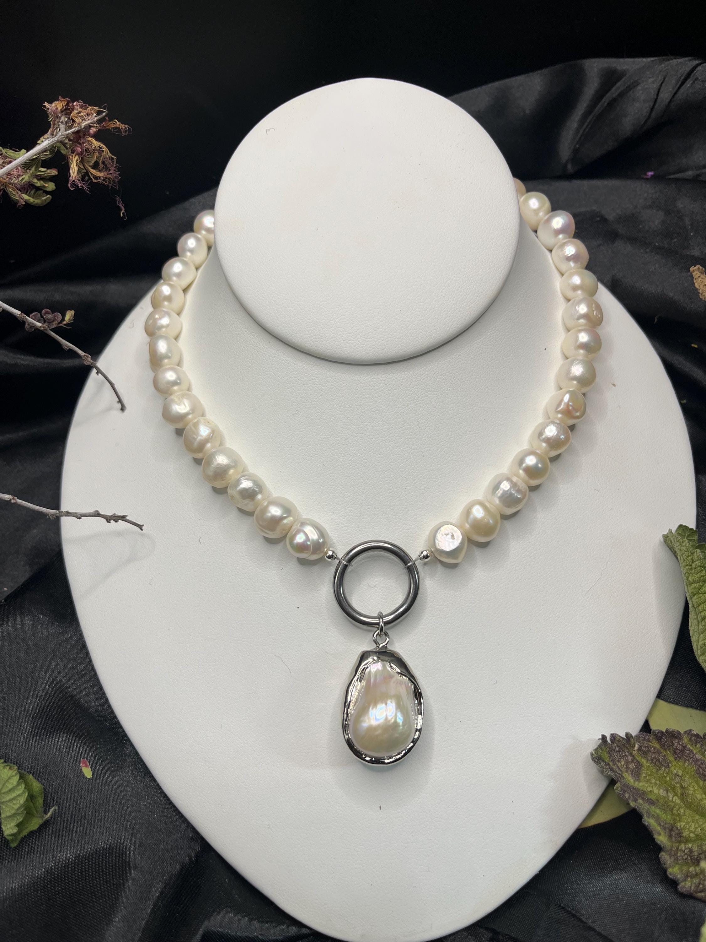 Freshwater Pearl Necklace with Stainless Steel Hoop and Baroque Pearl Drop