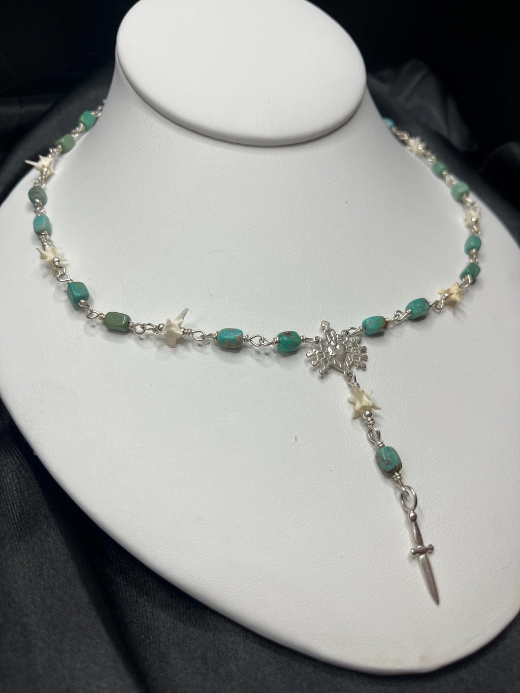 Kingman Turquoise and Rattlesnake Vertebrae Rosary Necklace – Sterling Silver Sacred Heart & Dagger Lariat – 17-18.5”