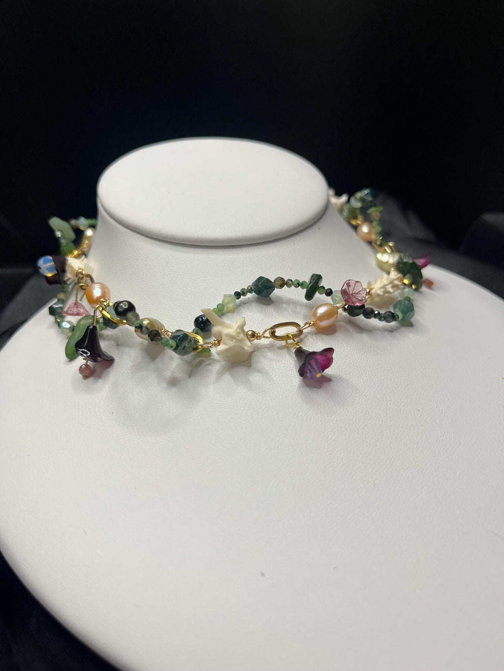 Garden of Eden Necklace – Jade, Tourmaline, Freshwater Pearl, Rattlesnake Bone, Opalite, Glass & Acrylic Flowers – 14–16”