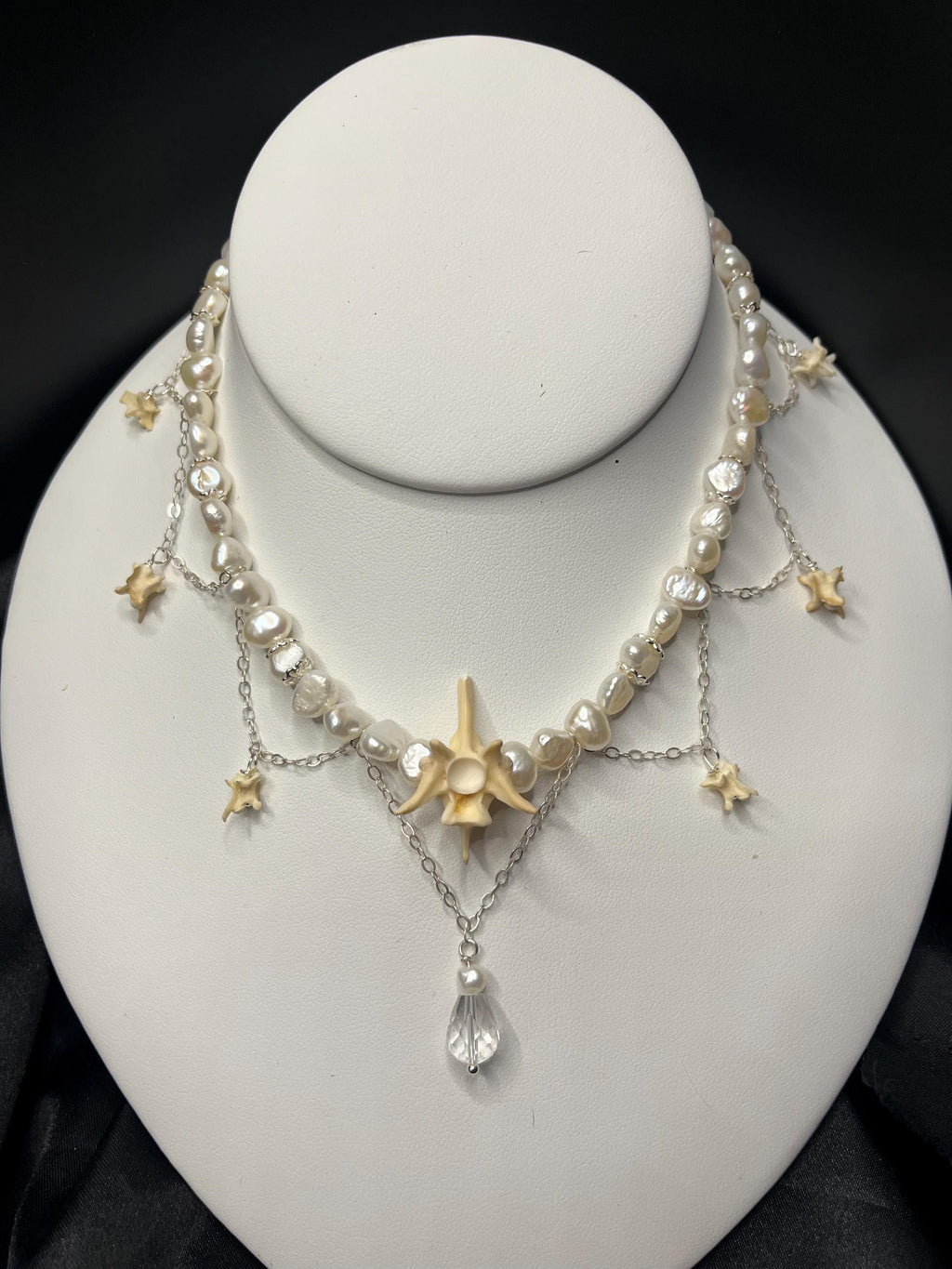Freshwater Pearl & Rattlesnake Vertebrae Necklace – Sterling Silver Chain, Adjustable 13.75–15”