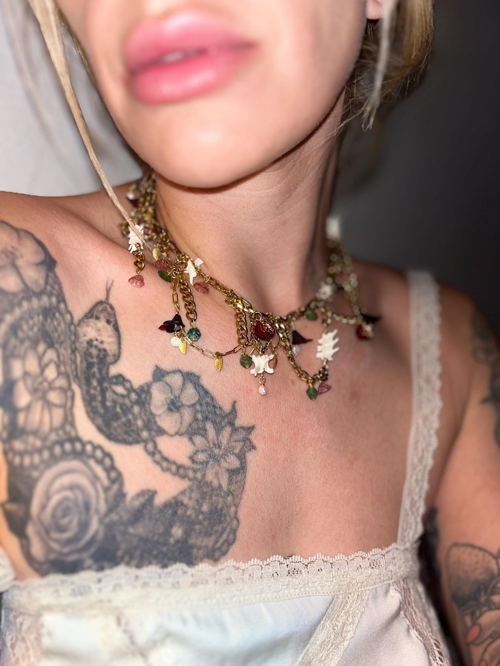 Garden of Eden Necklace – Jade, Tourmaline, Pearl, Rattlesnake Bone, Opalite, Pomegranate Charms – Draped Gold Chain – 15–17”