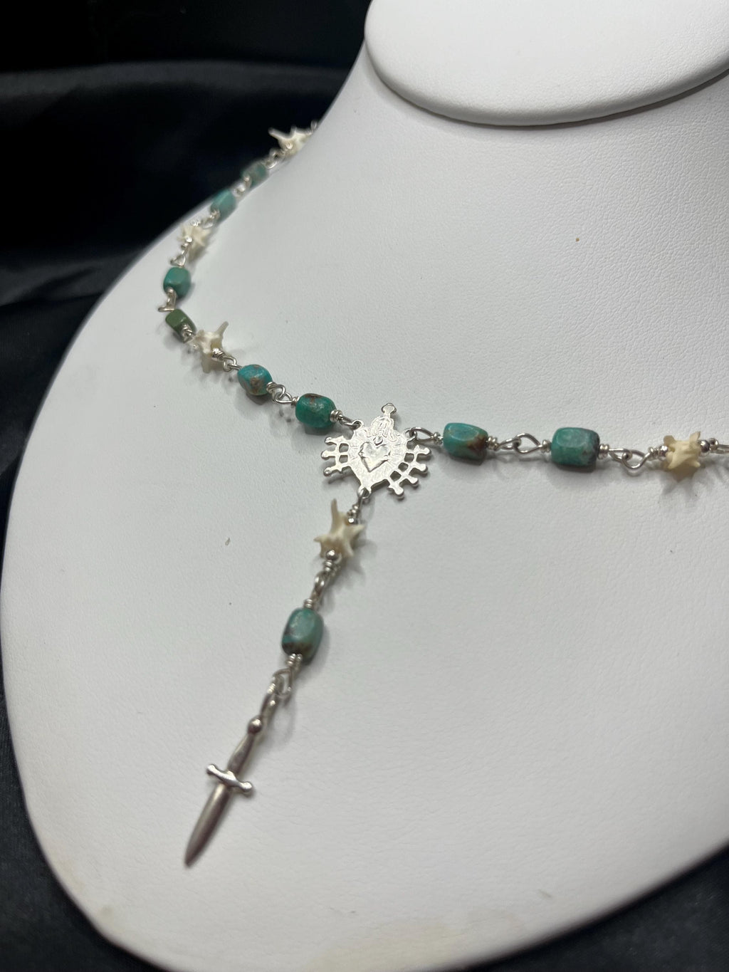 Kingman Turquoise and Rattlesnake Vertebrae Rosary Necklace – Sterling Silver Sacred Heart & Dagger Lariat – 17-18.5”
