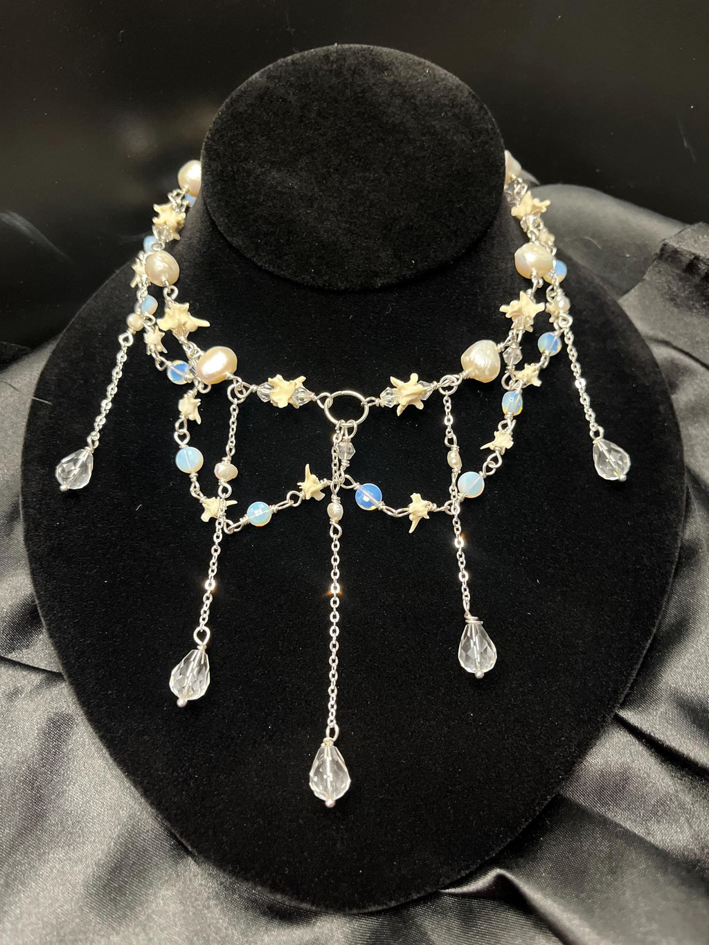 Opalite & Crystal Necklace – Freshwater Pearl, Rattlesnake Bone, Sterling Silver Draped Choker – 13–15”