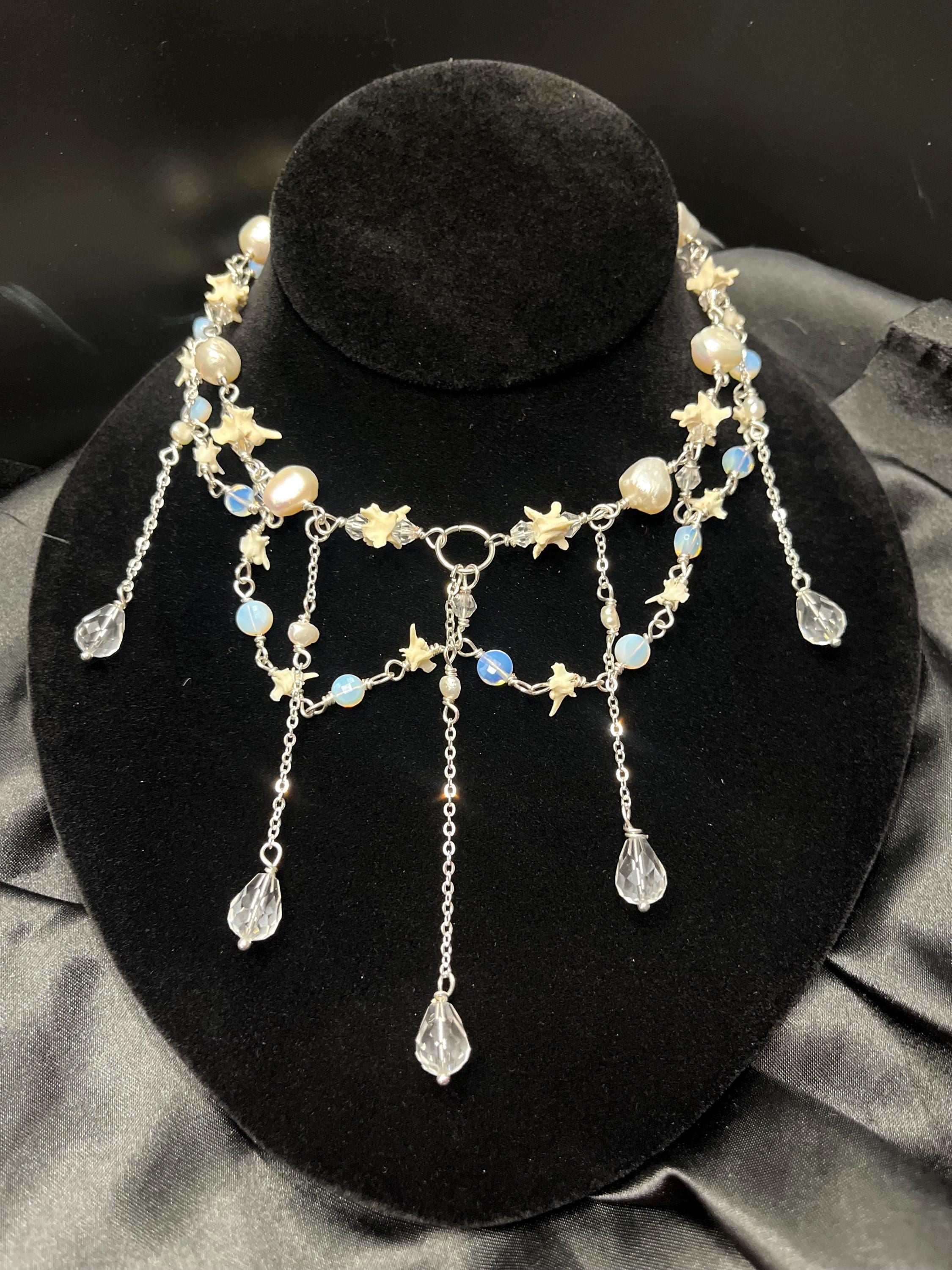 Opalite & Crystal Necklace – Freshwater Pearl, Rattlesnake Bone, Sterling Silver Draped Choker – 13–15”