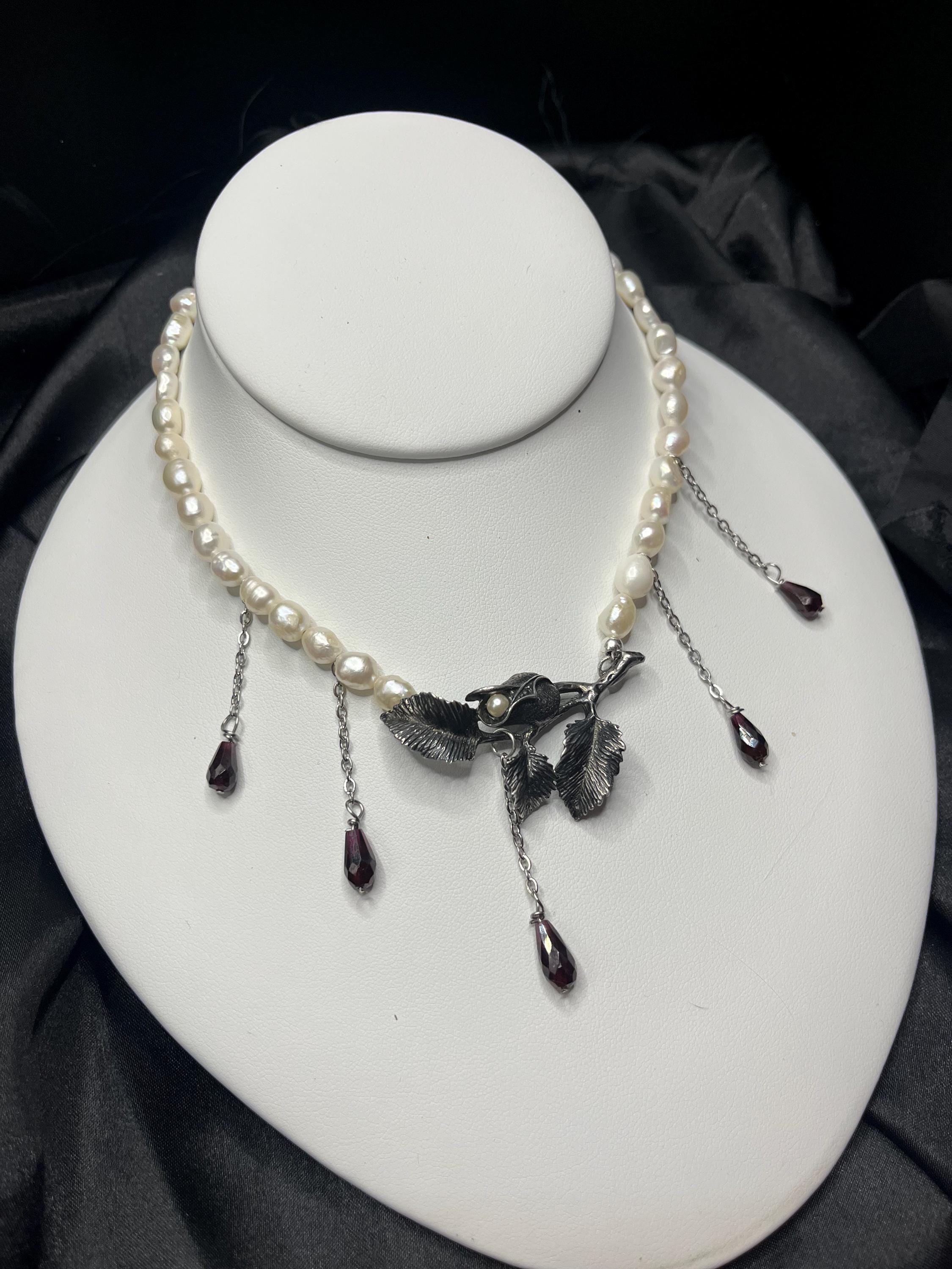 Antique Sterling Flower Brooch, Freshwater Pearl & Garnet Choker Necklace – 13.5–15”