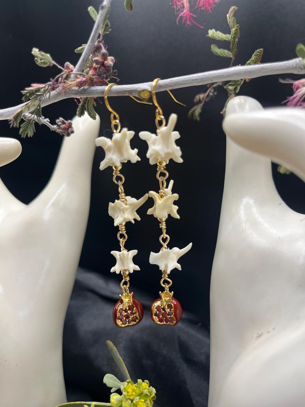 Garden of Eden Rattlesnake Vertebrae & Pomegranate Earrings, 3”