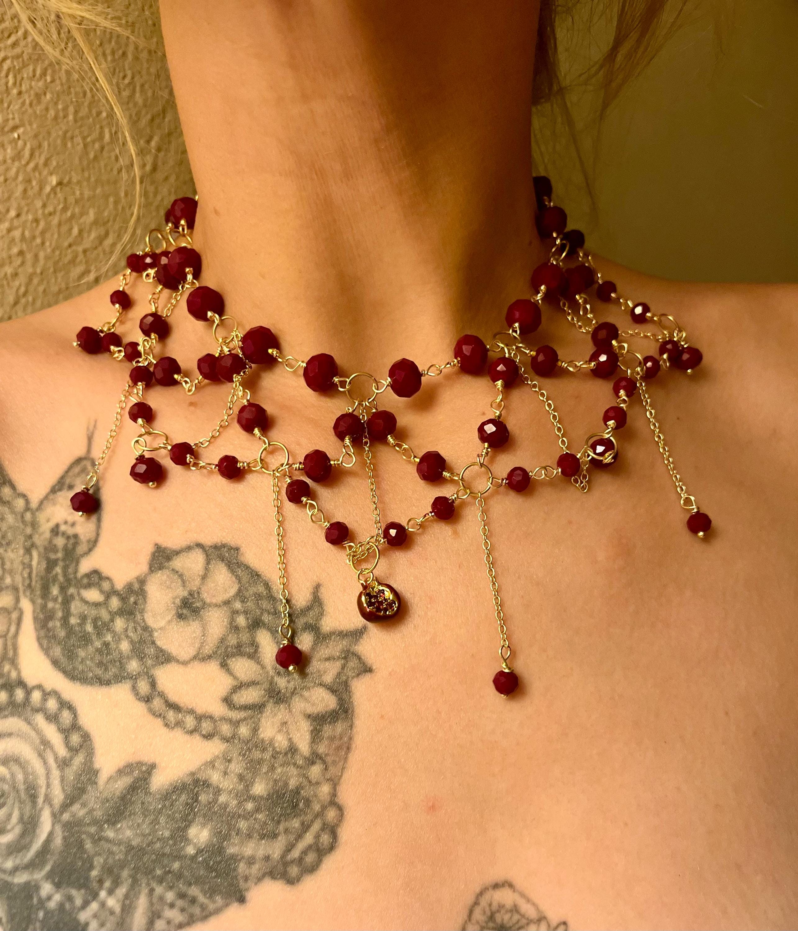 Queen of the Damned- Blood Red Crystal Draped Necklace with Pomegranate Charm, 18k Gold-Plated, 14–16”