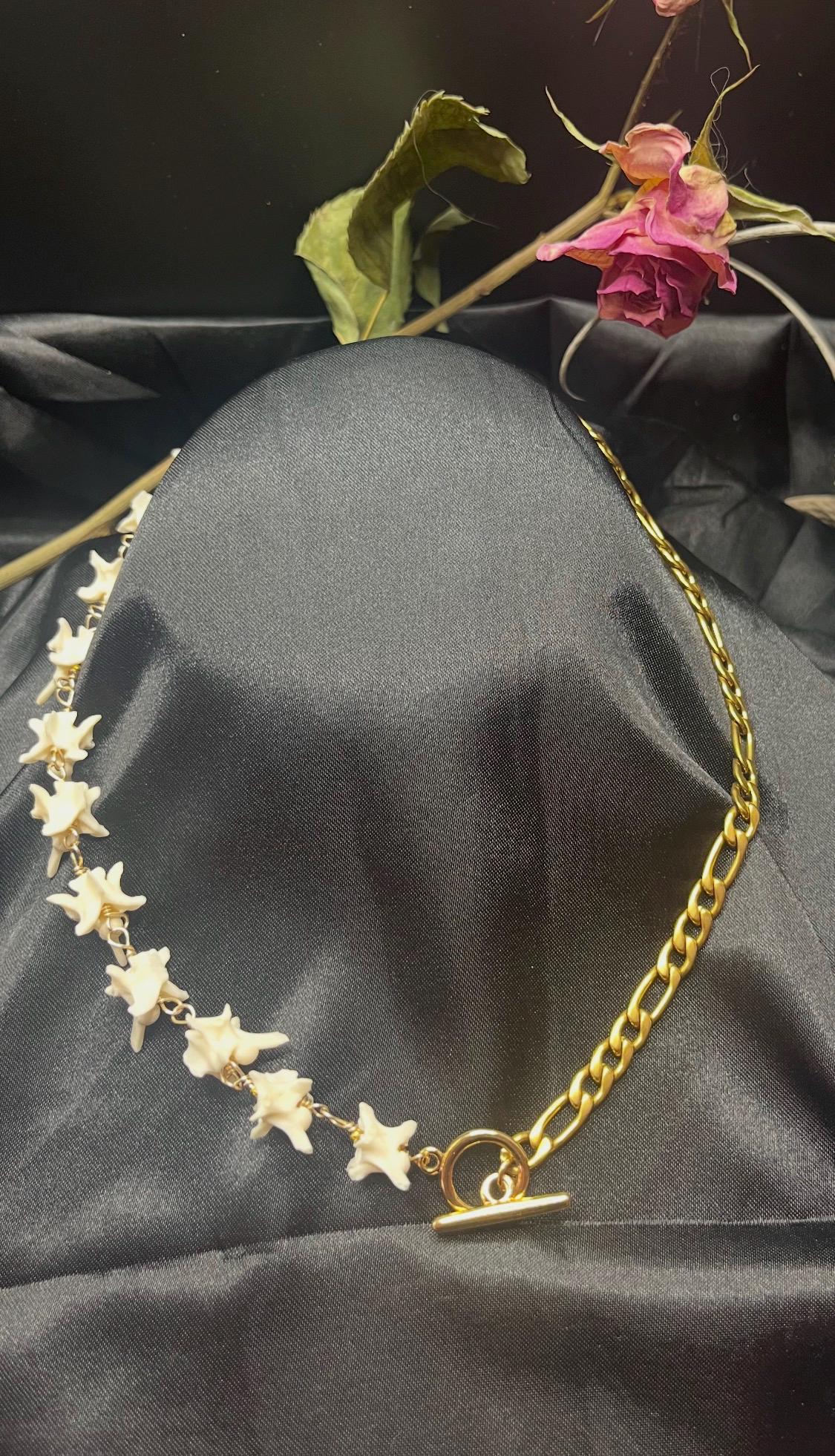 Real Rattlesnake Vertebrae Necklace • Gold Plated Figaro Chain • Western Bone Jewelry • Toggle Front Closure