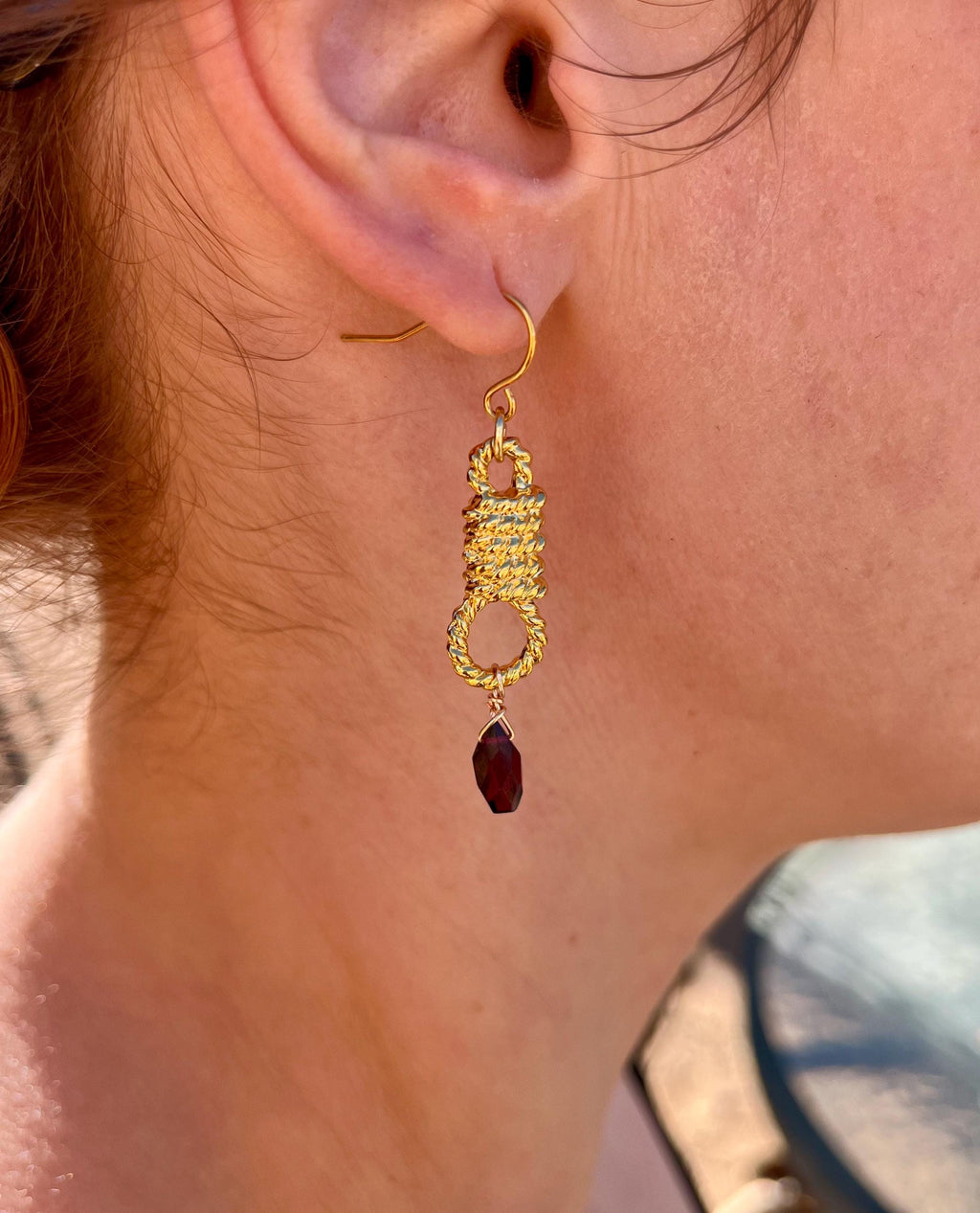 Garnet Noose Earrings | Gold or Silver Plated | Red Garnet Drop | Hypoallergenic