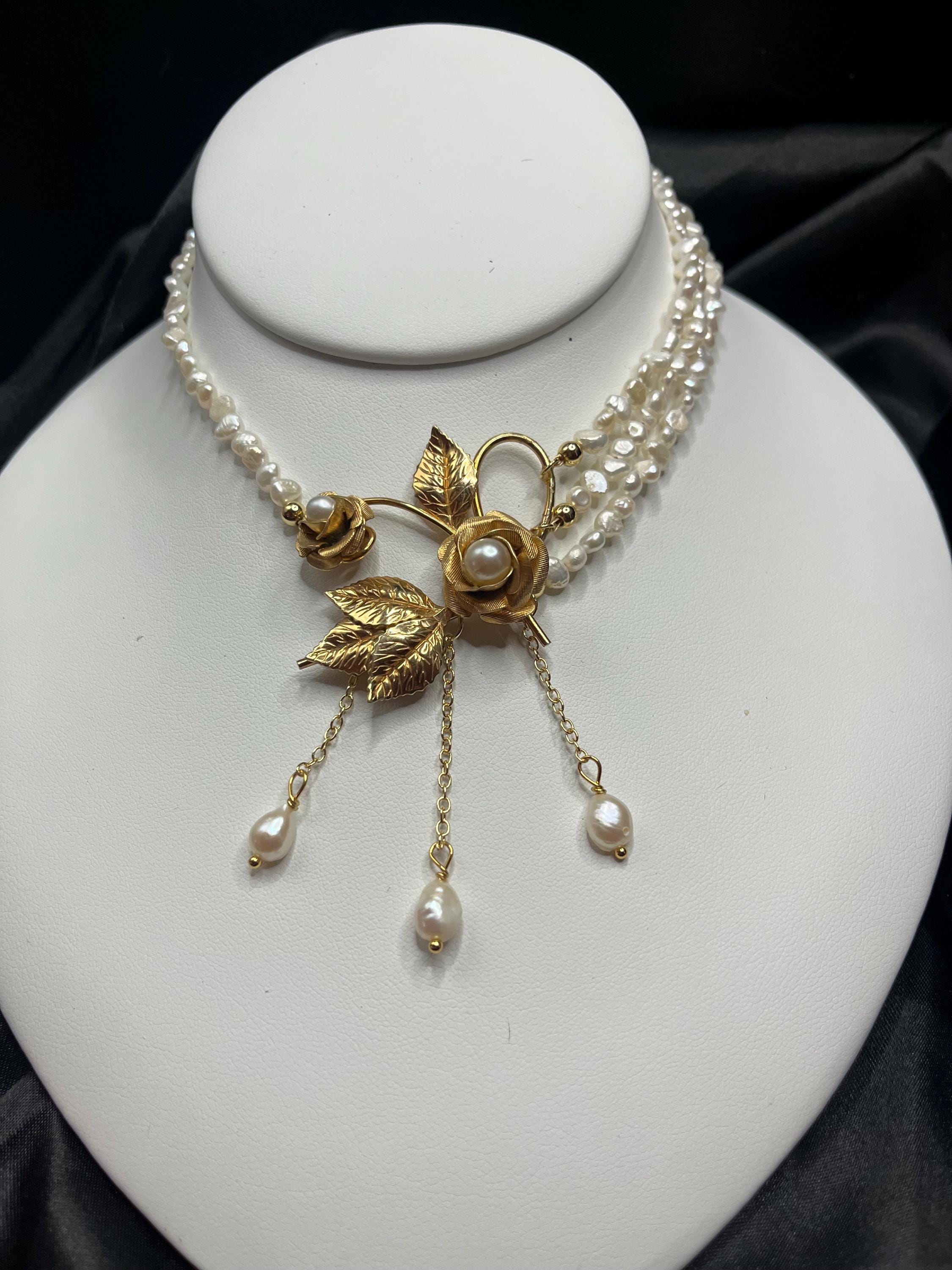 Antique Gold Filled Brooch Necklace with Freshwater Pearl Multi-Strand Choker, 13–15”
