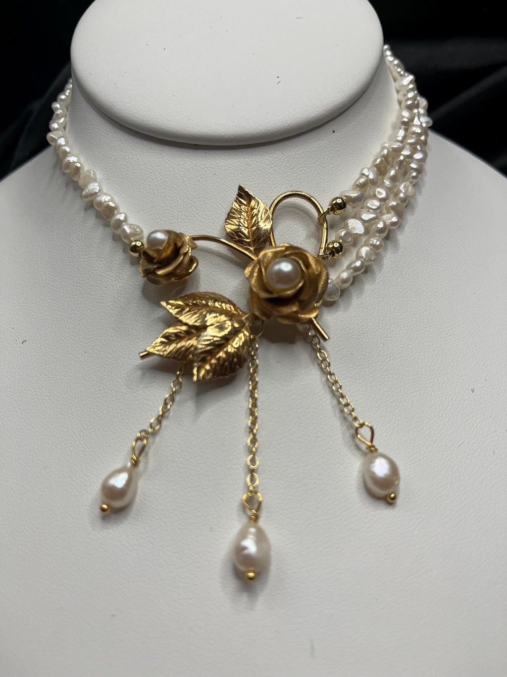 Antique Gold Filled Brooch Necklace with Freshwater Pearl Multi-Strand Choker, 13–15”