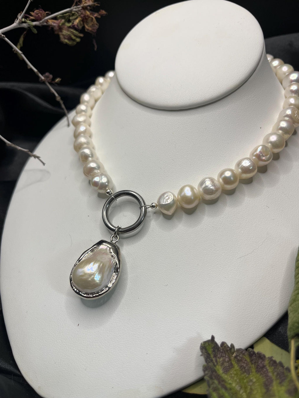 Freshwater Pearl Necklace with Stainless Steel Hoop and Baroque Pearl Drop