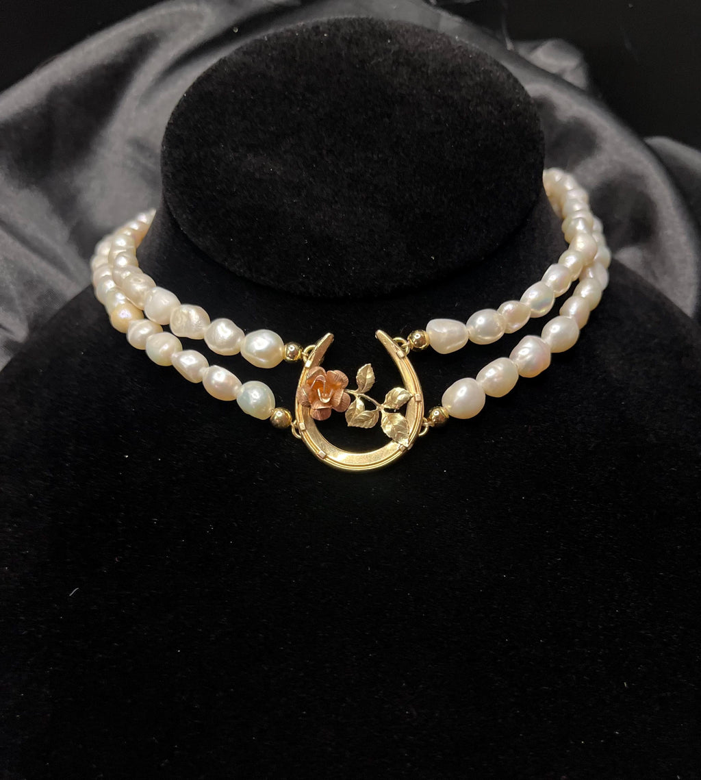 Antique Horseshoe Brooch Necklace with Double Strand Freshwater Pearls, 14–16”
