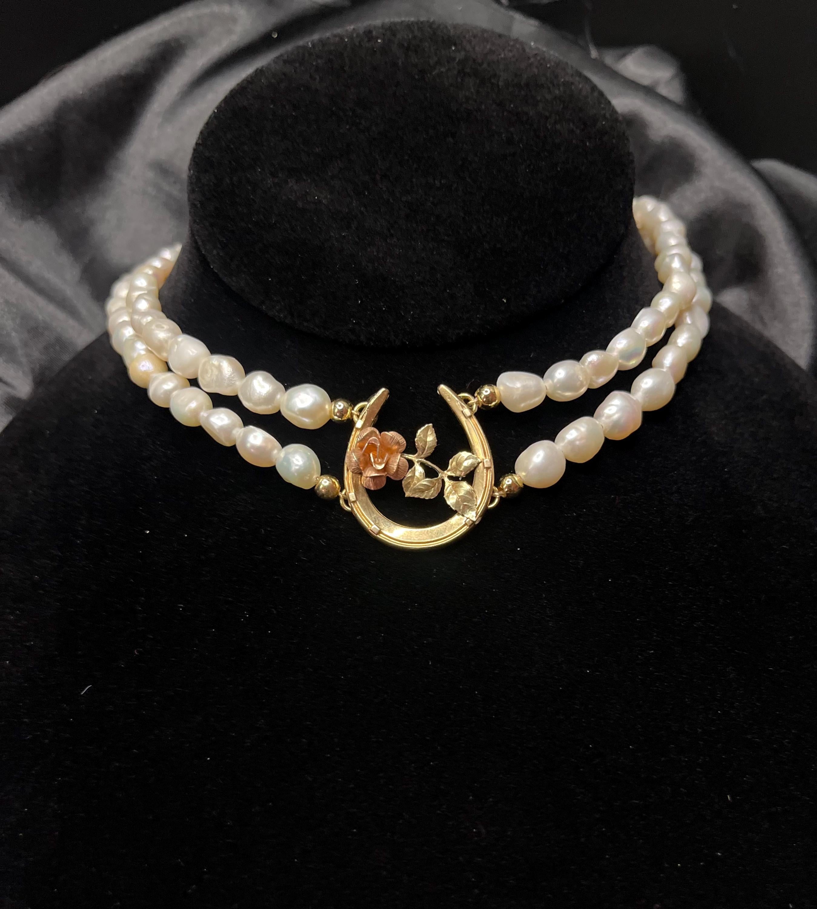 Antique Horseshoe Brooch Necklace with Double Strand Freshwater Pearls, 14–16”