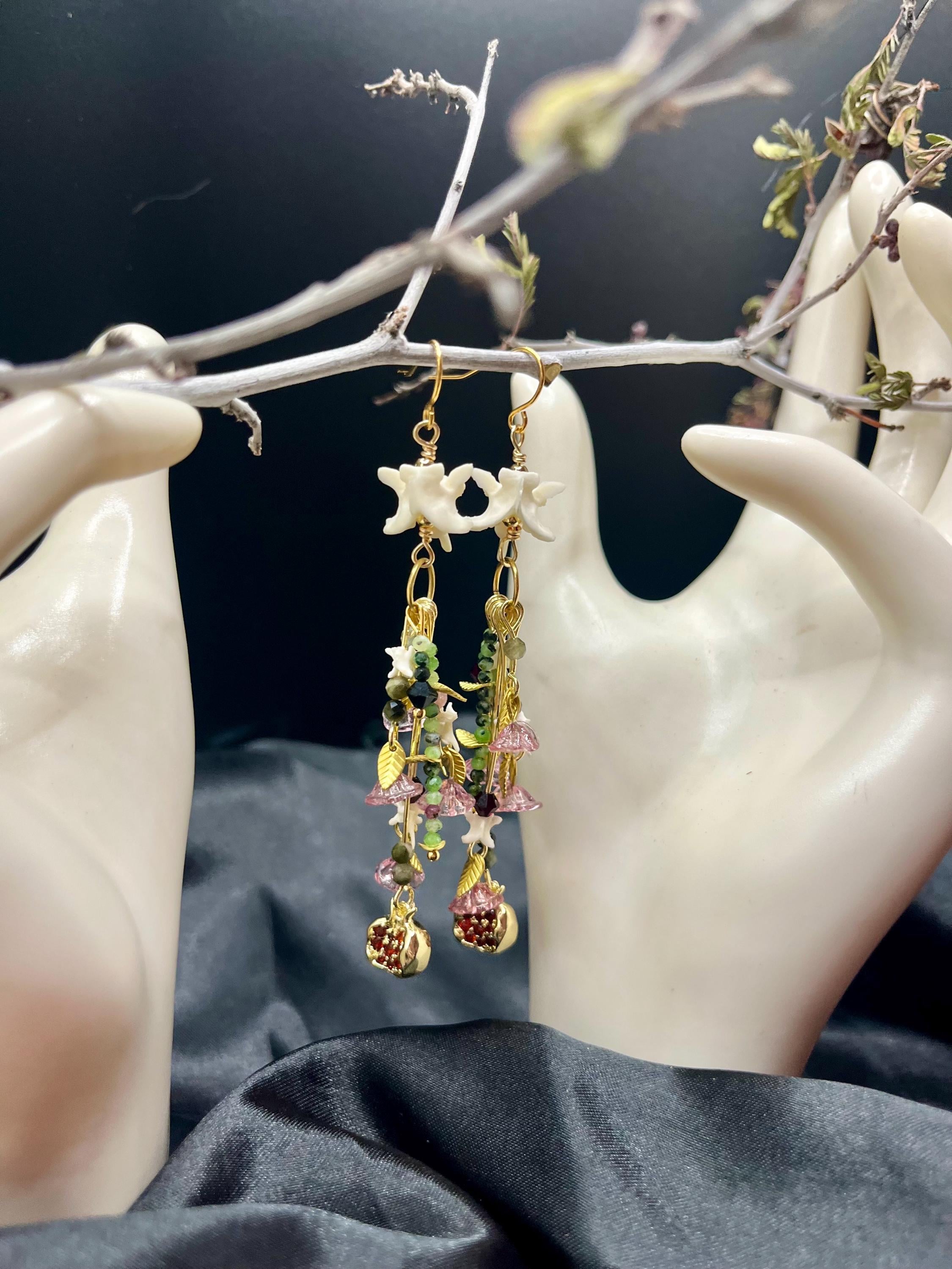 Garden of Eden Dangle Earrings – Rattlesnake Vertebrae, Tourmaline, Garnet & Pomegranate Charms – 18k Gold-Plated