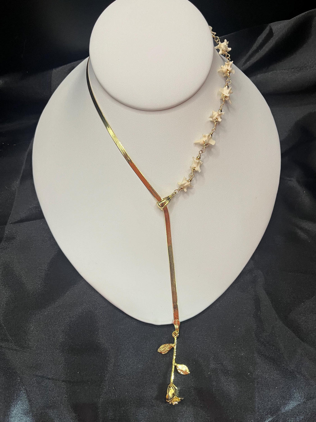 Rose Bone Lariat Necklace | Gold Plated Sterling Herringbone Chain | Rattlesnake Vertebrae | 19”
