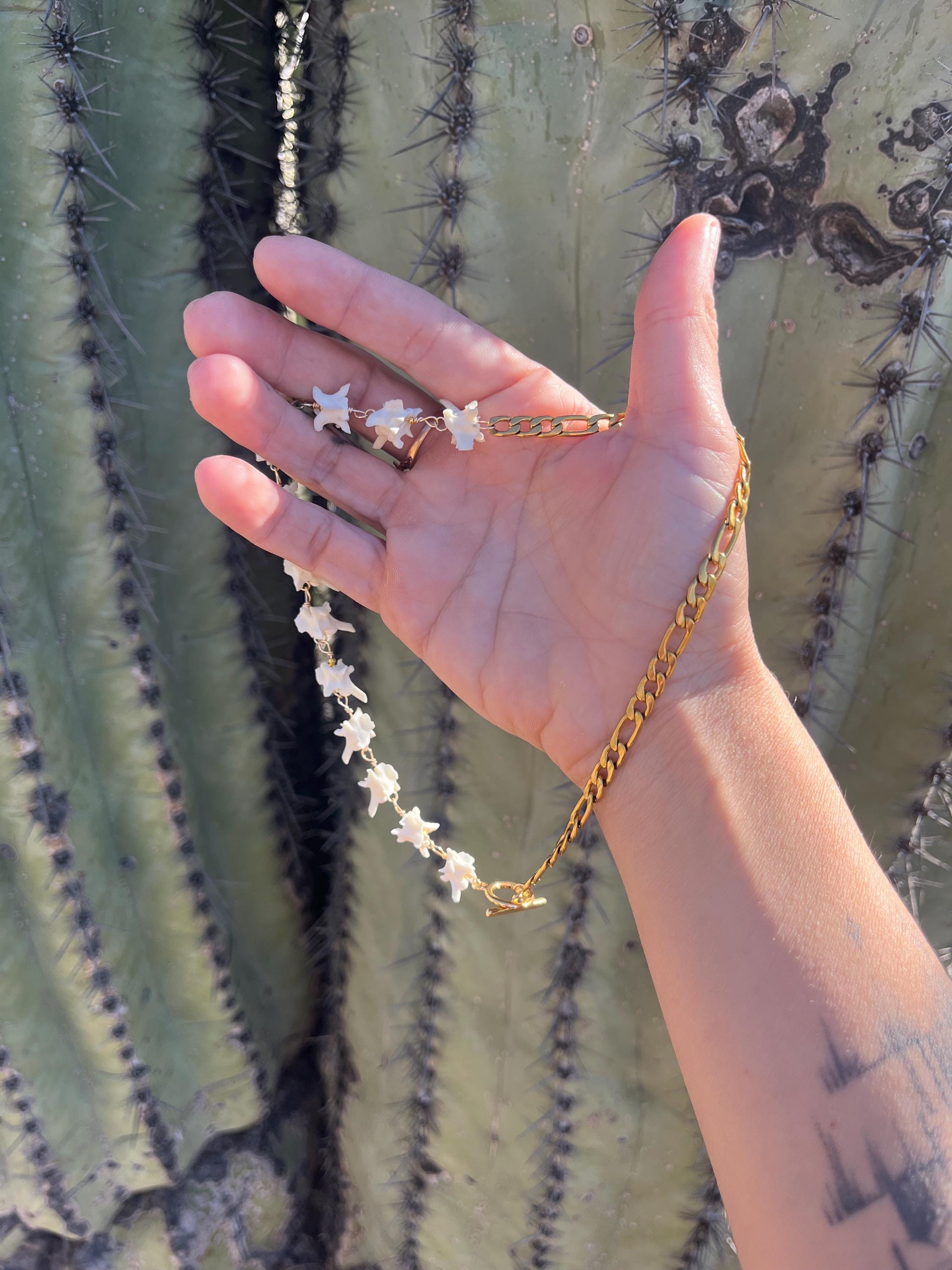 Real Rattlesnake Vertebrae Necklace • Gold Plated Figaro Chain • Western Bone Jewelry • Toggle Front Closure