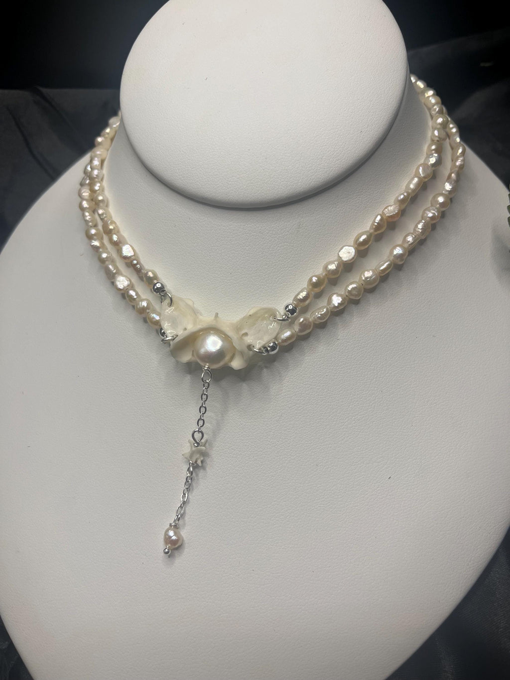 Fox Atlas Bone & Pearl Double Strand Choker – Sterling Silver – Rattlesnake Vertebrae Accent