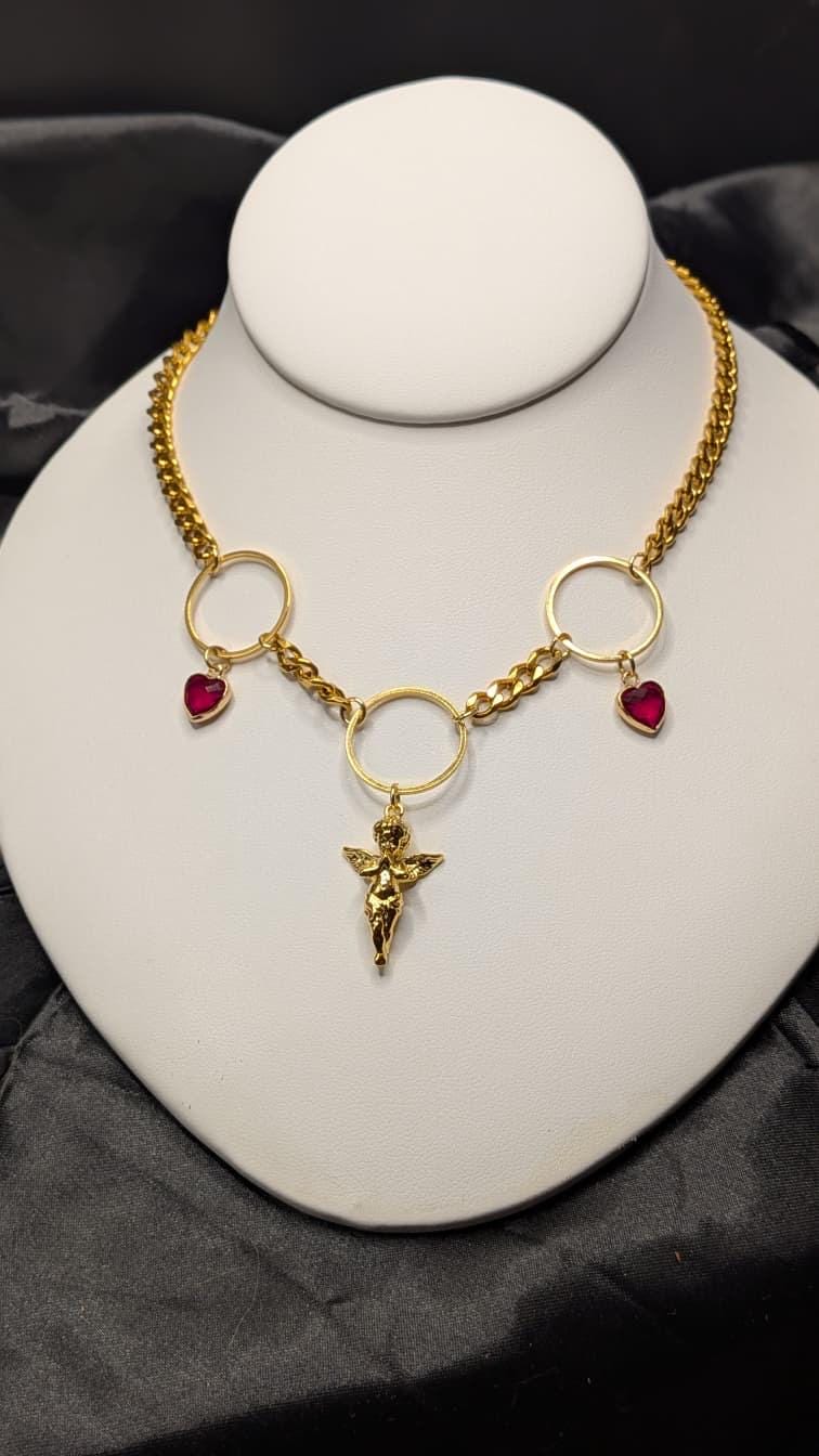 Angel Necklace | Stainless Steel or Gold Plate Curb Chain | Rhinestone Heart Charms | 15”