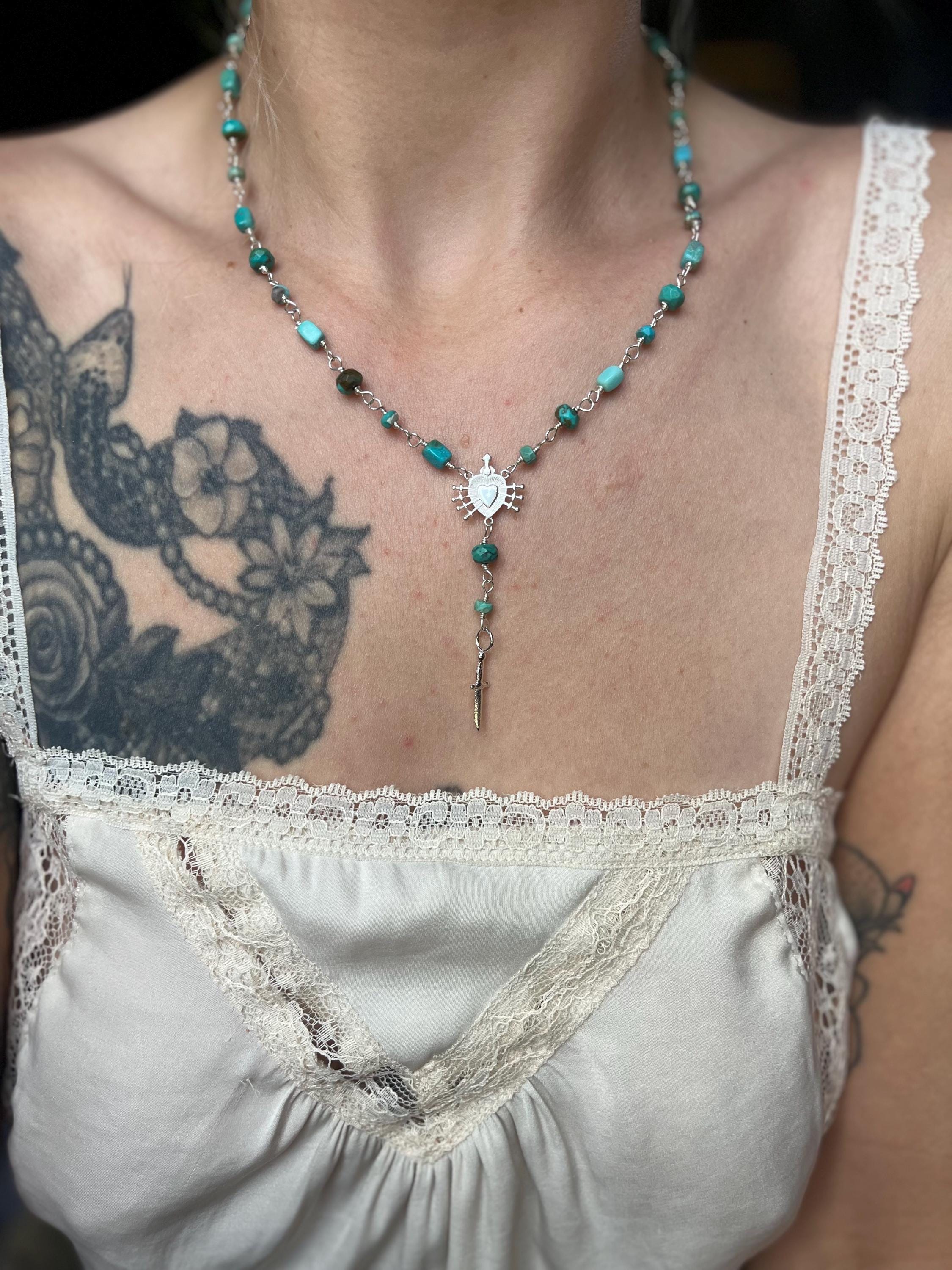 Kingman Turquoise Rosary Necklace – Sterling Silver Sacred Heart & Dagger Lariat – 18–19.5”