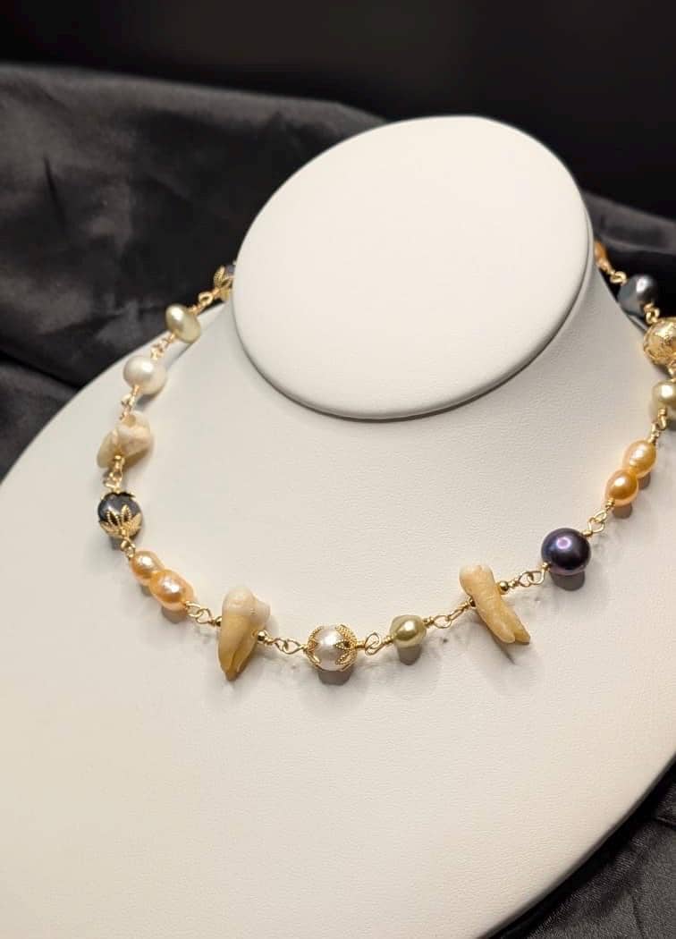 Mixed Freshwater Pearl Necklace with Three Human Teeth, 15”