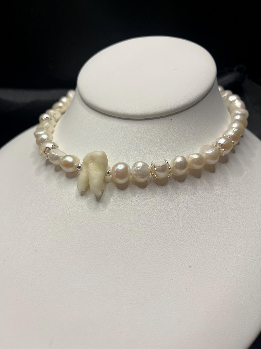 White Freshwater Pearl Necklace with Human Tooth and Sterling Silver, 14–15.25”