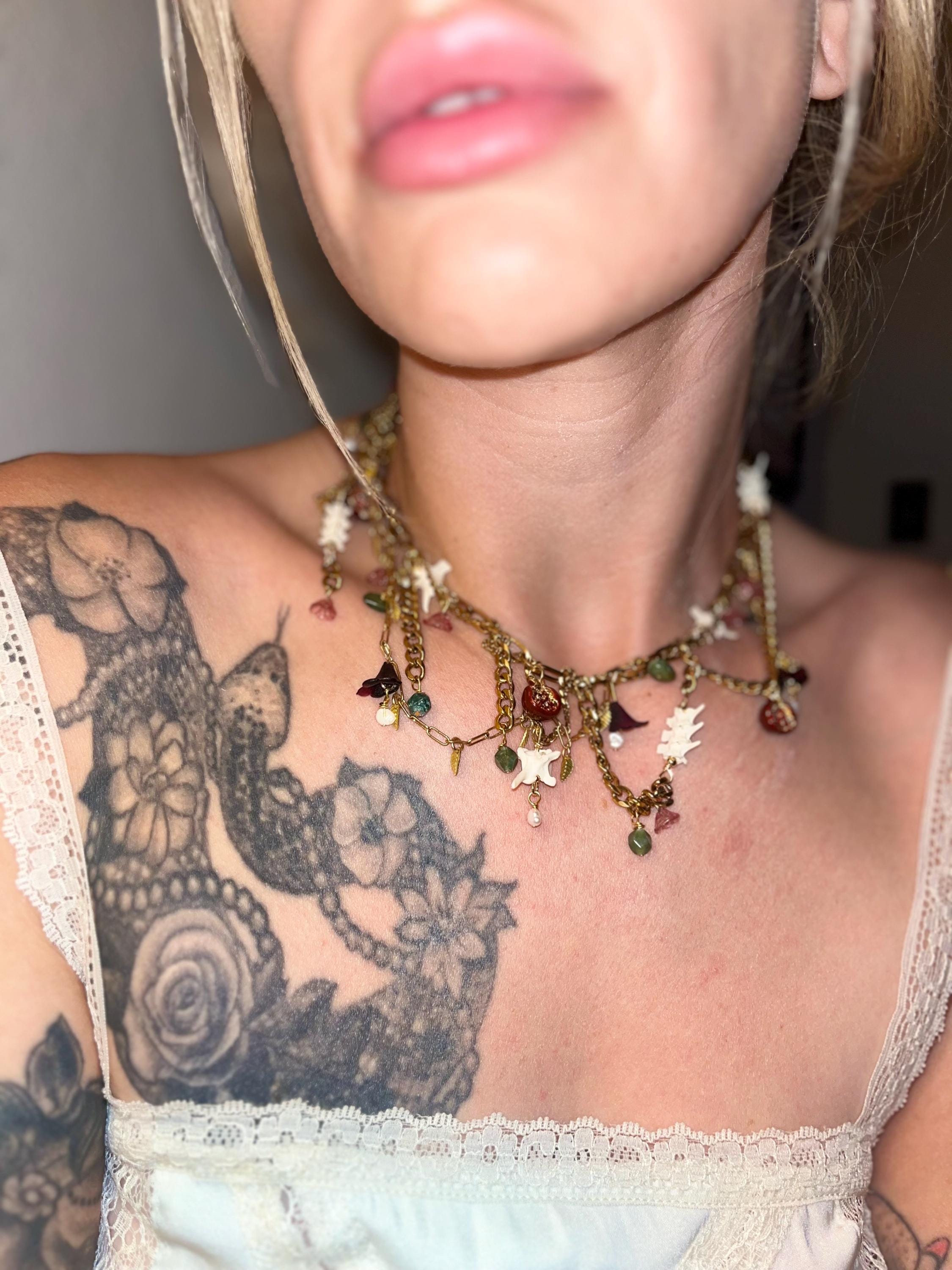 Garden of Eden Necklace – Jade, Tourmaline, Pearl, Rattlesnake Bone, Opalite, Pomegranate Charms – Draped Gold Chain – 15–17”