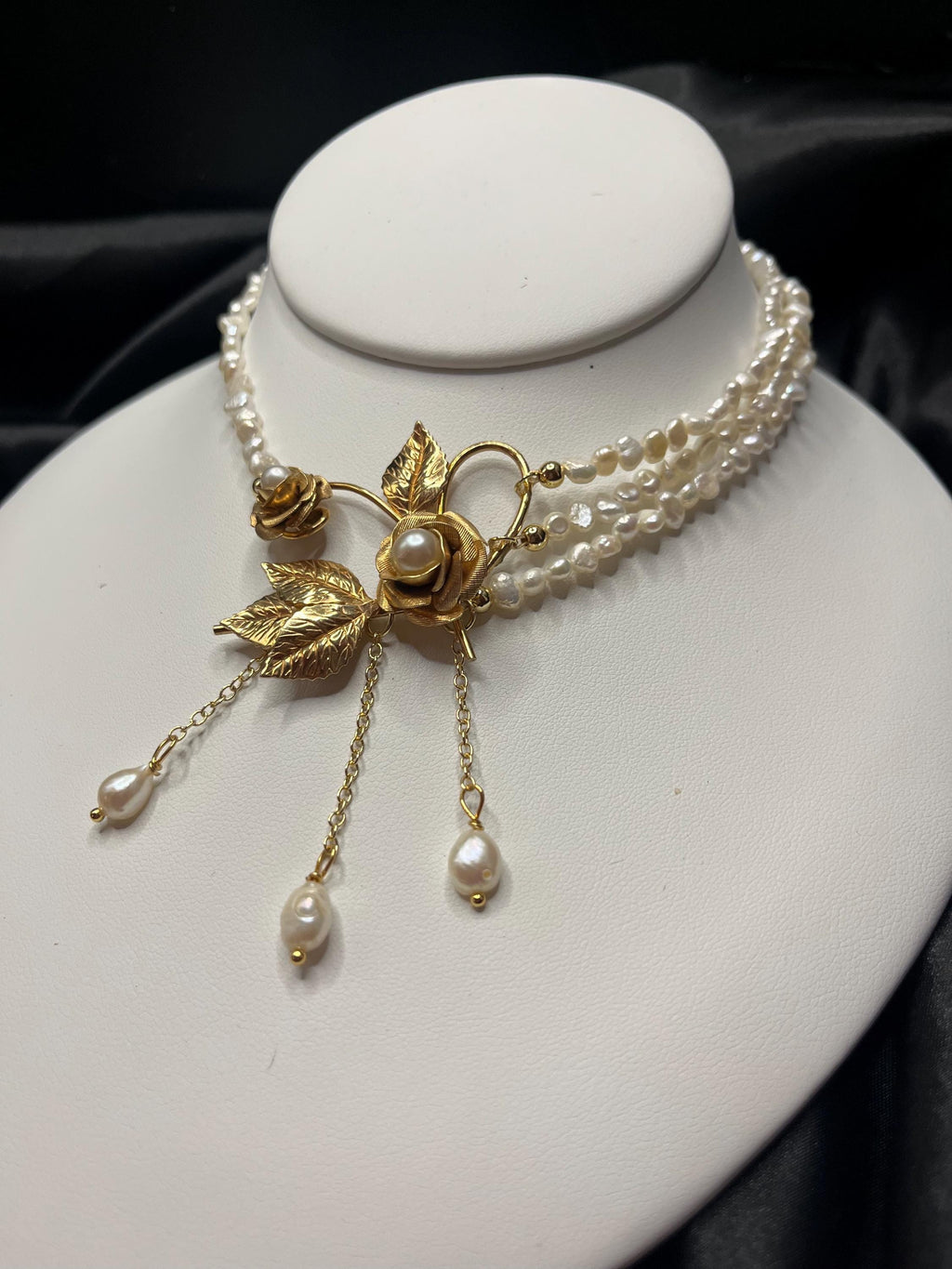 Antique Gold Filled Brooch Necklace with Freshwater Pearl Multi-Strand Choker, 13–15”