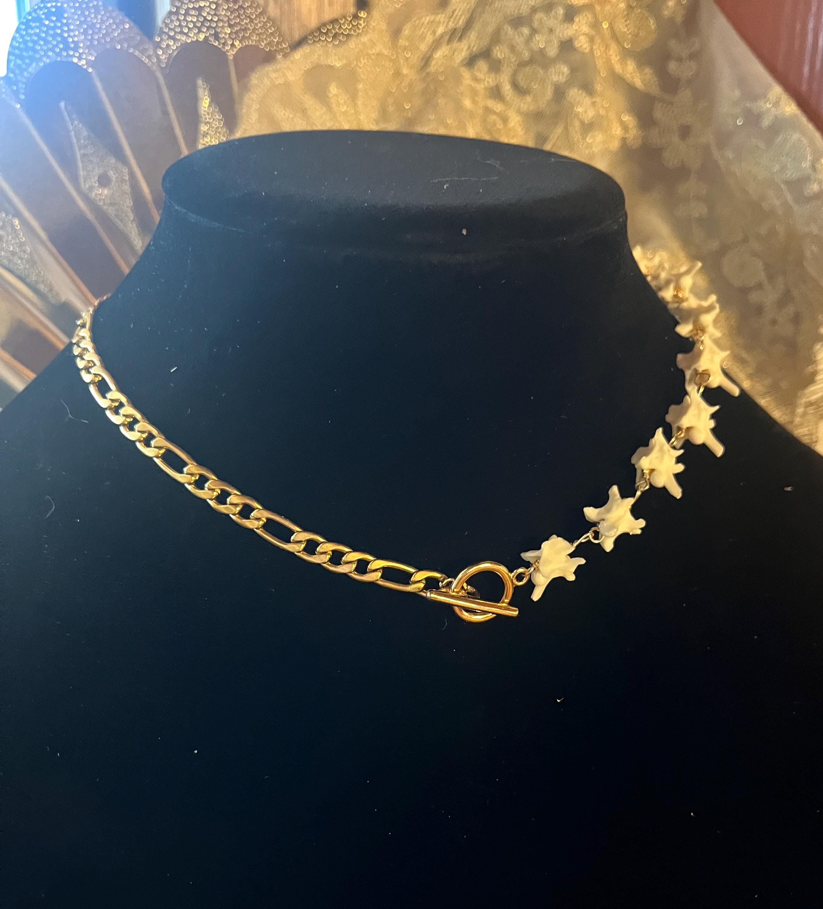 Real Rattlesnake Vertebrae Necklace • Gold Plated Figaro Chain • Western Bone Jewelry • Toggle Front Closure