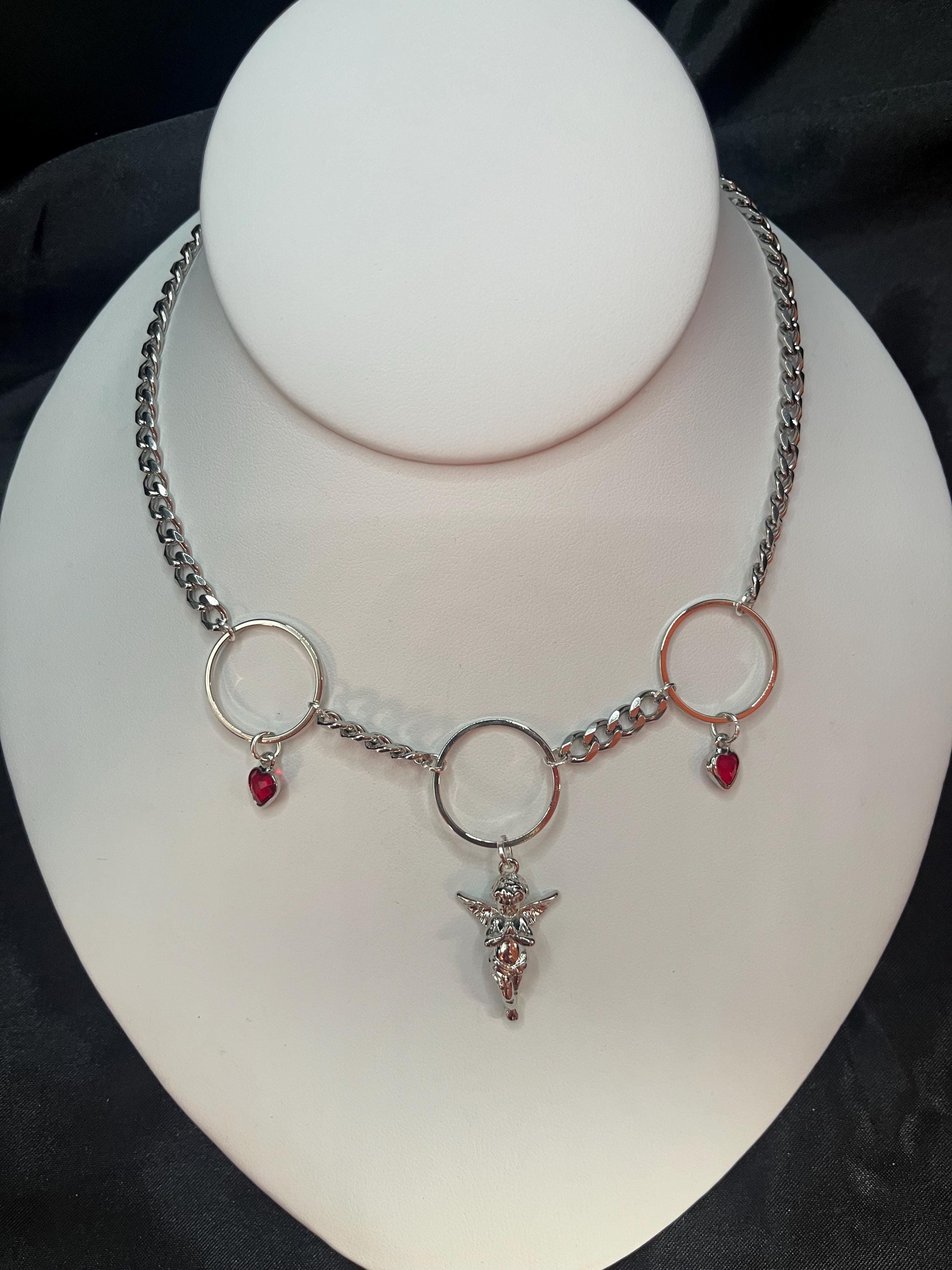 Angel Necklace | Stainless Steel or Gold Plate Curb Chain | Rhinestone Heart Charms | 15”