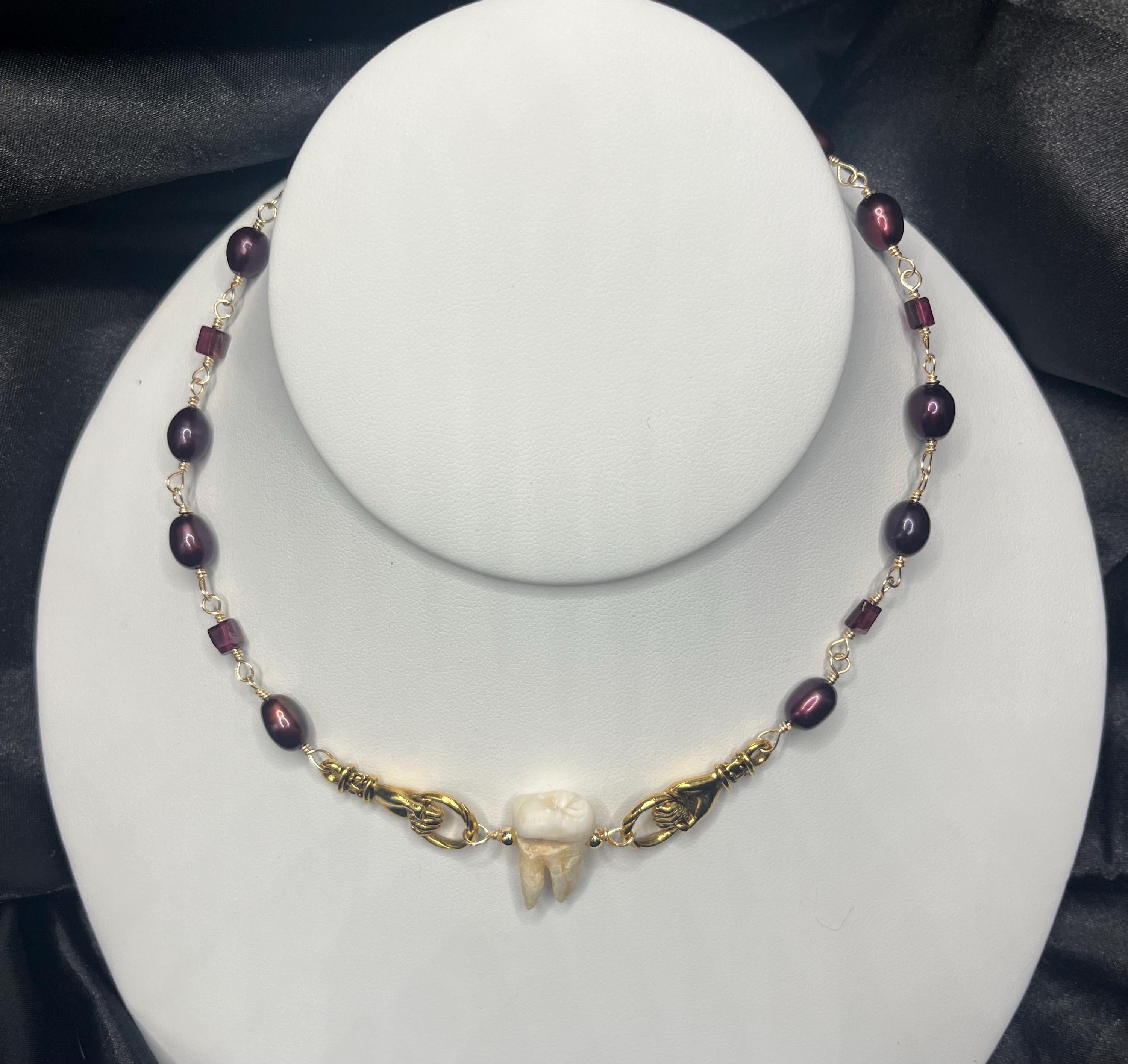 Freshwater Pearl & Garnet Necklace with Human Molar | Adjustable length | 14”-16”