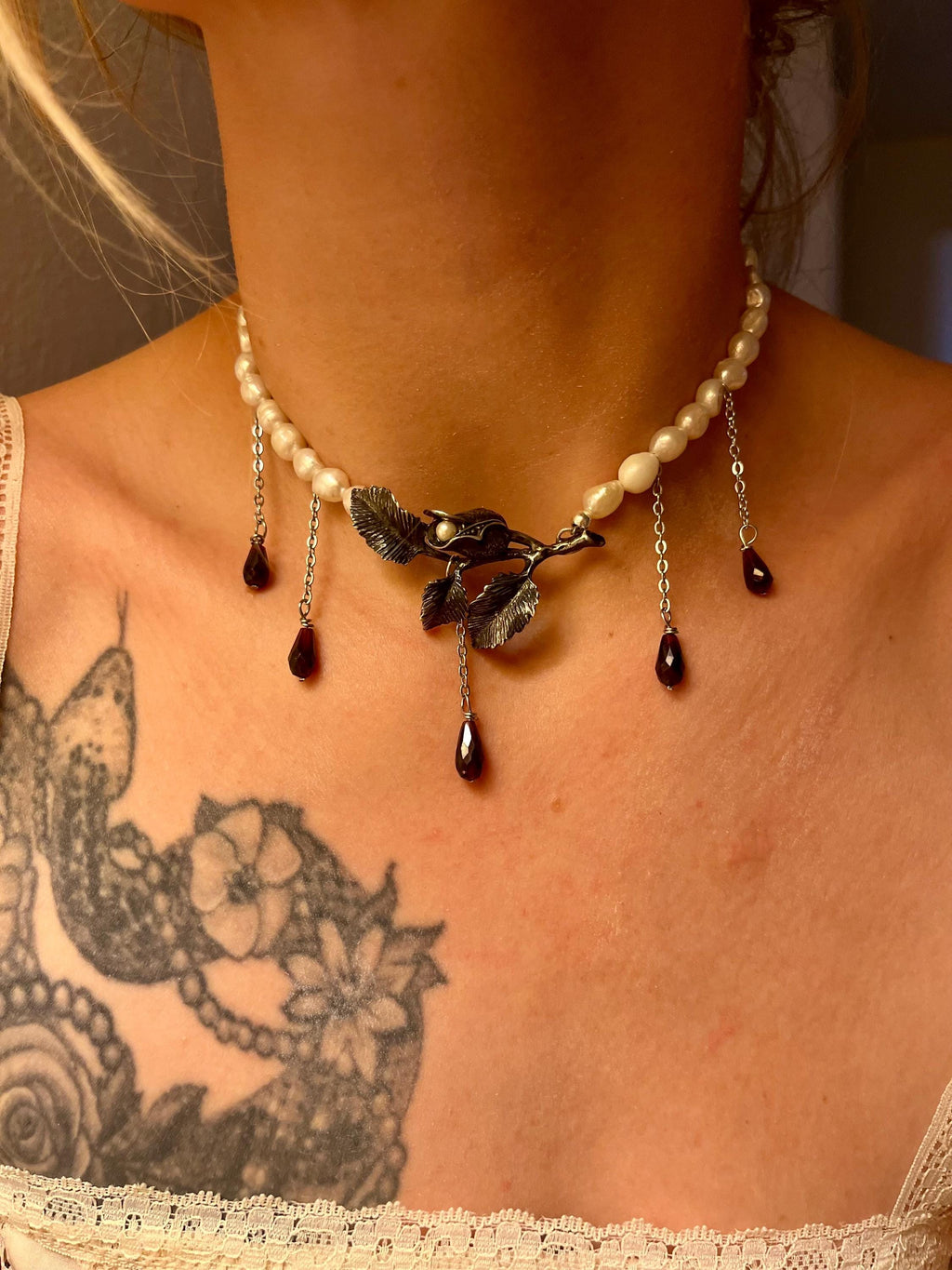Antique Sterling Flower Brooch, Freshwater Pearl & Garnet Choker Necklace – 13.5–15”