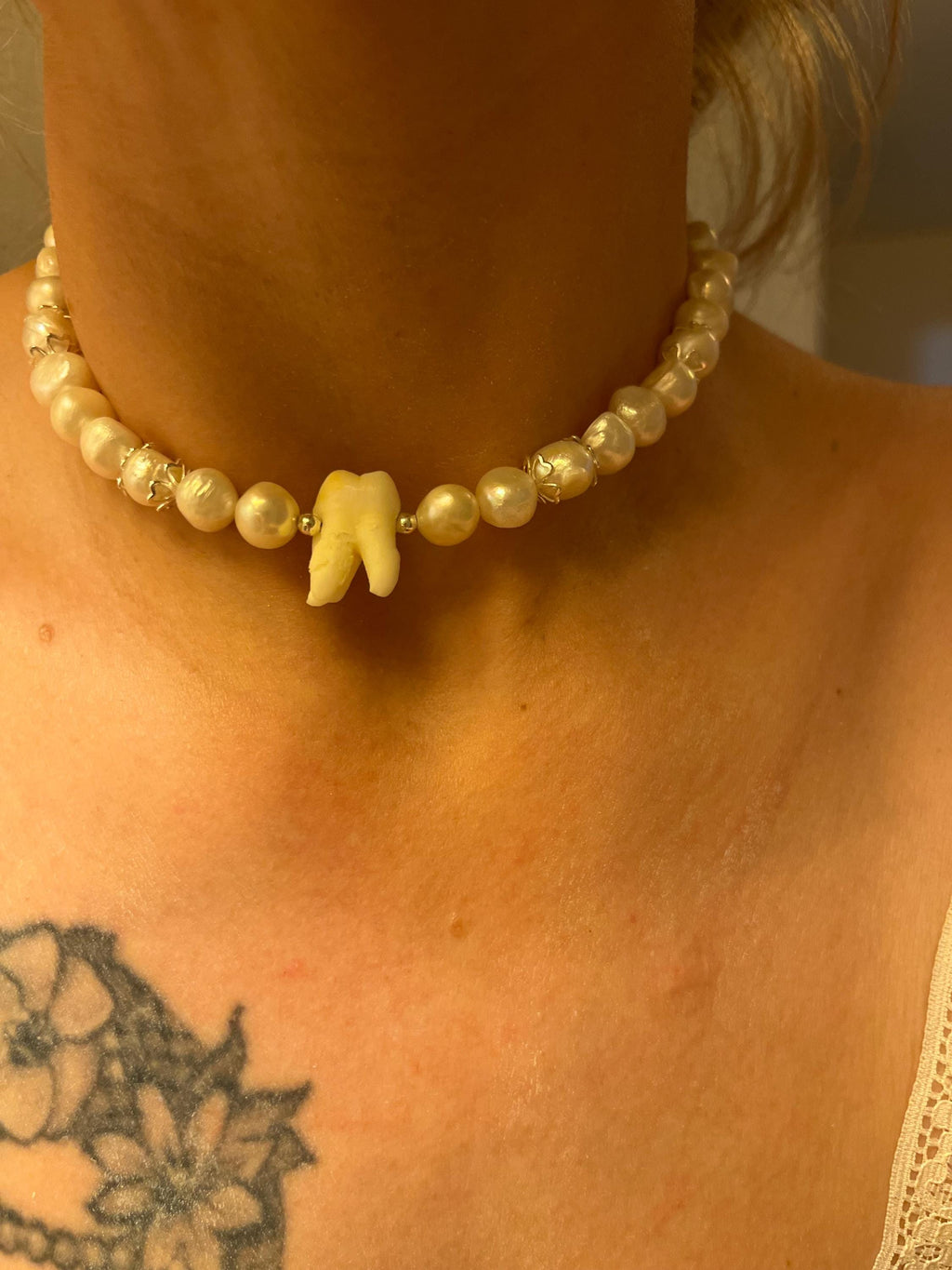 White Freshwater Pearl Necklace with Human Tooth and Sterling Silver, 14–15.25”