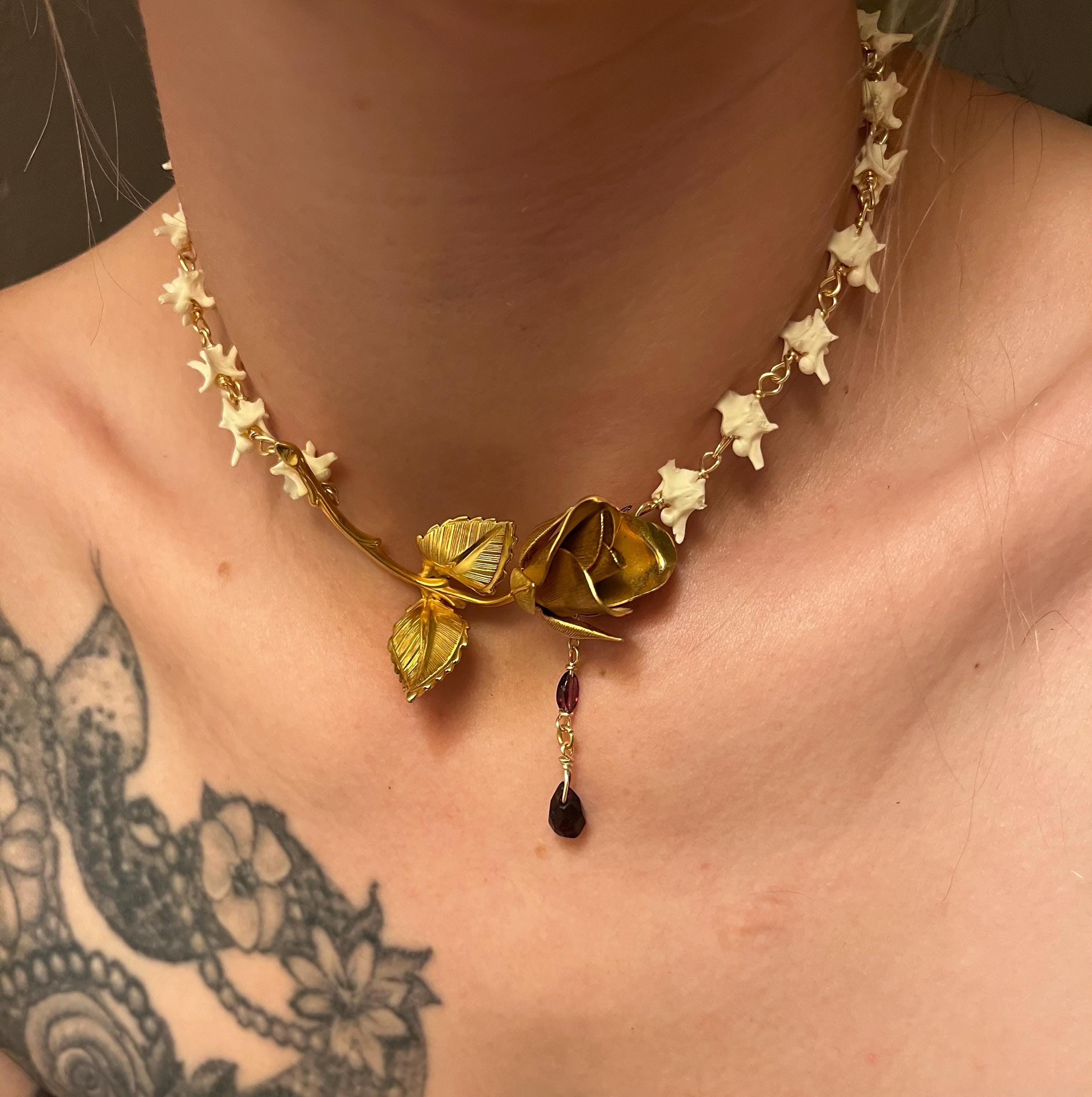 Antique Gold Plated Brooch Necklace with Rattlesnake Vertebrae and Garnet, 14.5–16.5”