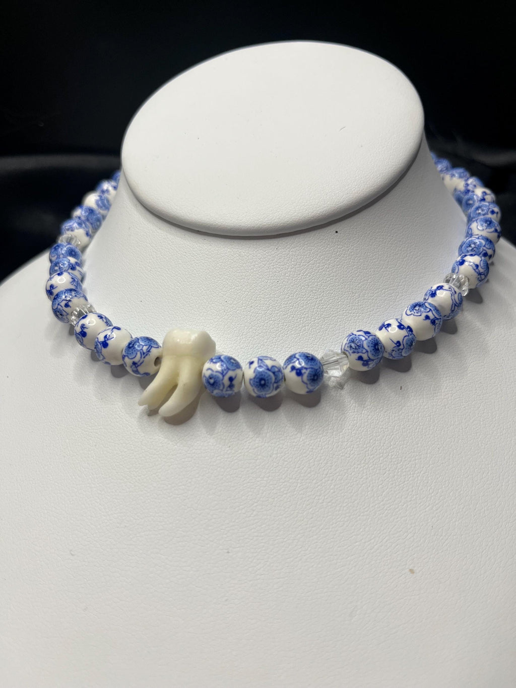 Human Tooth Necklace with Blue and White Floral Ceramic Beads and Crystal Accents, Stainless Steel, 14–16”