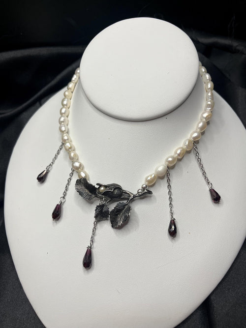 Antique Sterling Flower Brooch, Freshwater Pearl & Garnet Choker Necklace – 13.5–15”