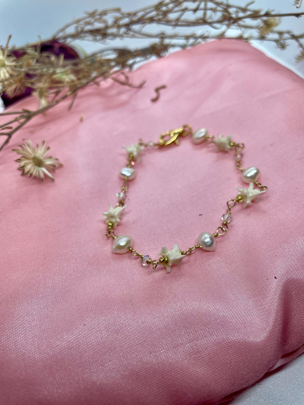 Wire Wrapped Rattlesnake Vertebrae and Pearl Bracelet