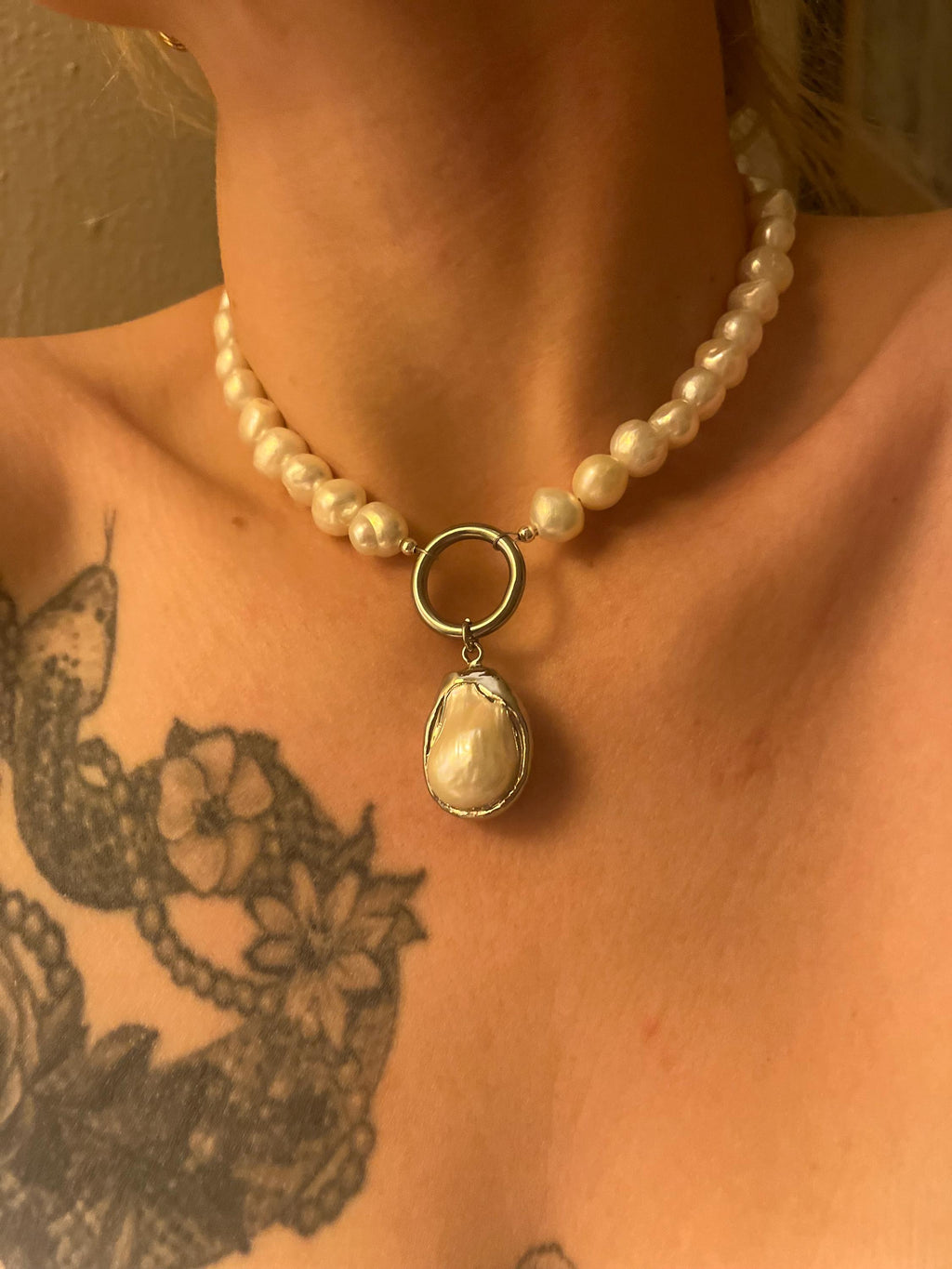 Freshwater Pearl Necklace with Stainless Steel Hoop and Baroque Pearl Drop
