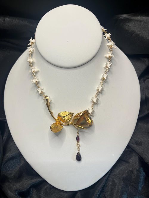 Antique Gold Plated Brooch Necklace with Rattlesnake Vertebrae and Garnet, 14.5–16.5”