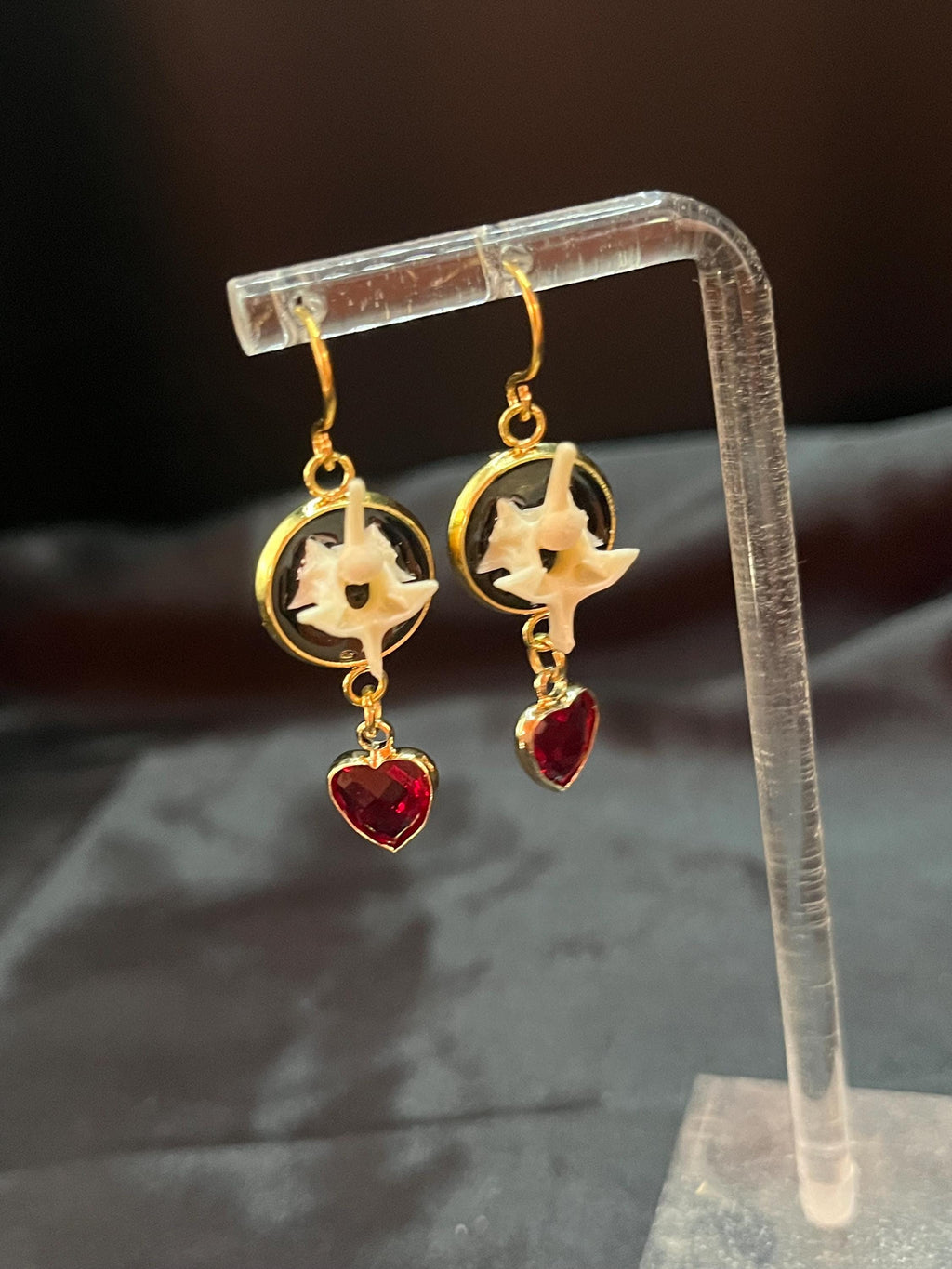 Enamel Snake Vertebrae Earrings | Gold Plated or Stainless Steel | Crystal Heart Drop | Hypoallergenic