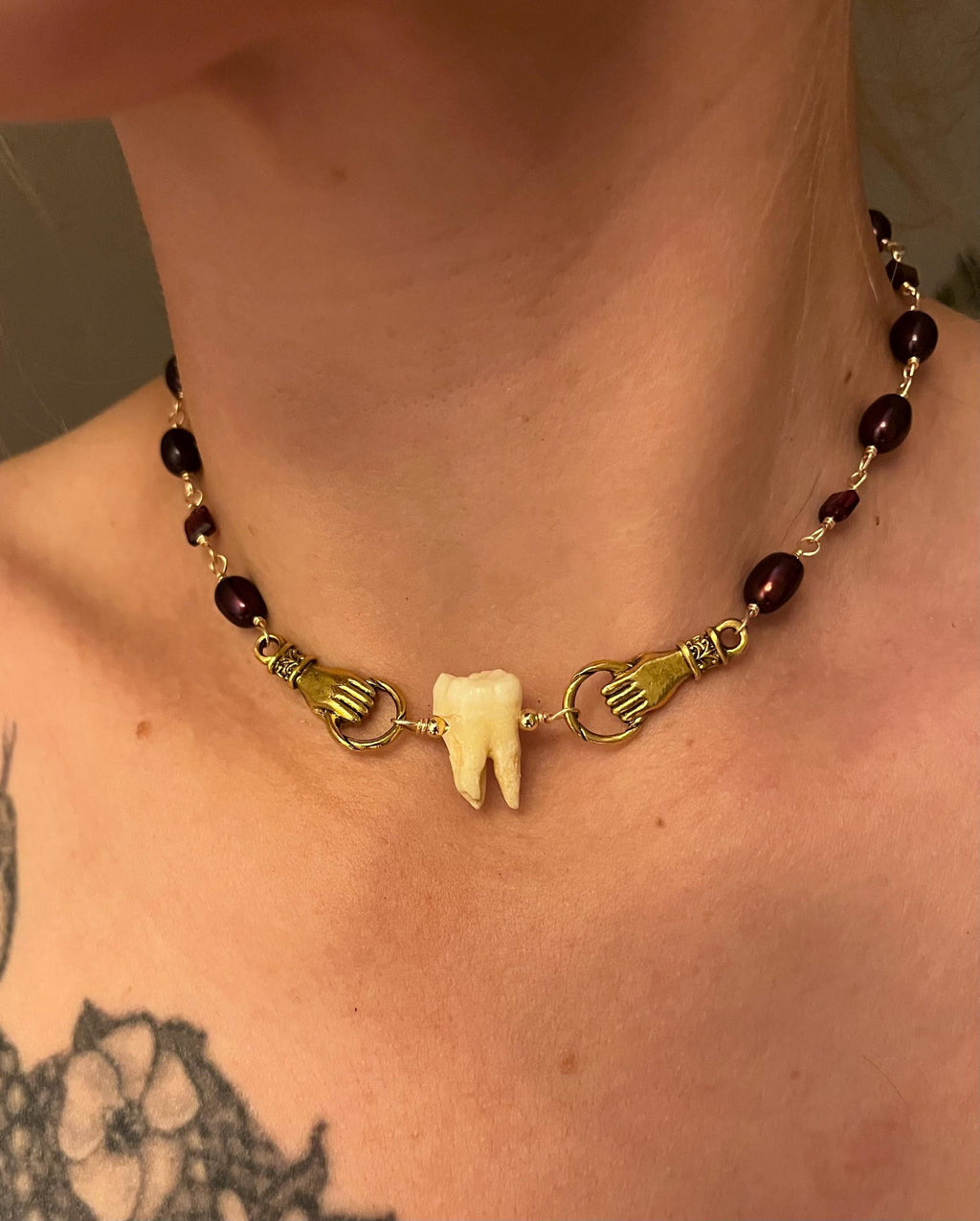 Freshwater Pearl & Garnet Necklace with Human Molar | Adjustable length | 14”-16”